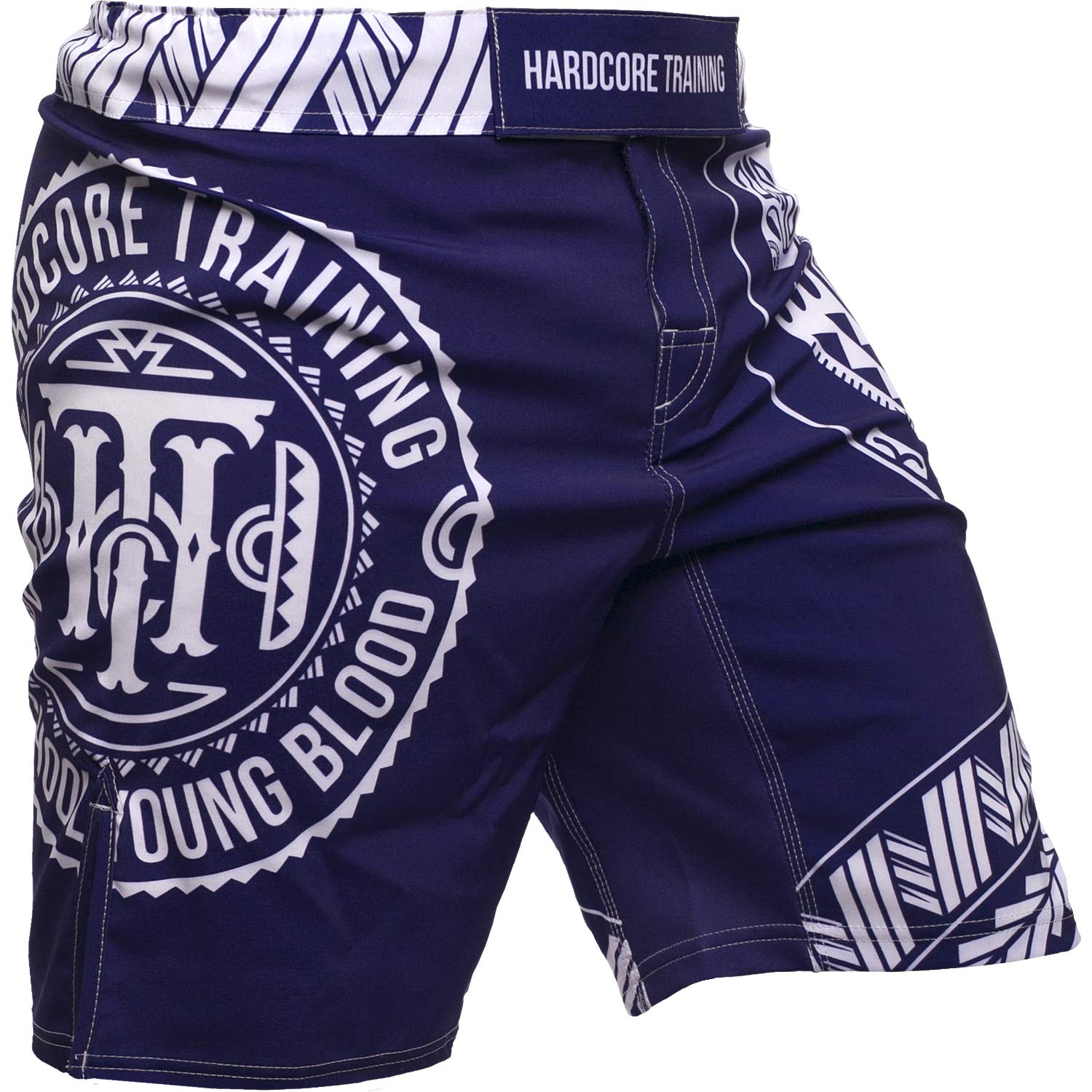 Hardcore Training Fight Shorts Boks Męski Szorty do Walki MMA Combat BJJ Grappling Fitness Muay Thai Kickboxing No Gi (DE/NL/SE/PL, Alfa, L, Regularny, Regularny, Niebiesko Biały)