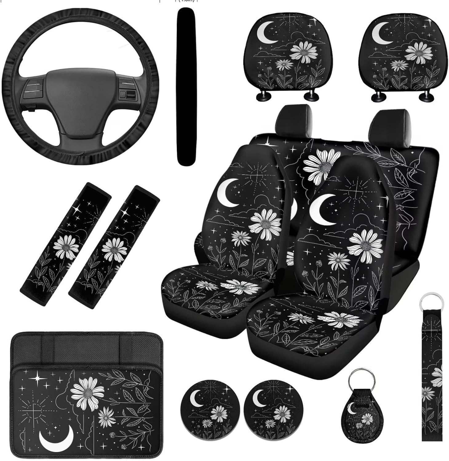 Ystardream Starr Moon Car Seat Covers Full Set - 14 Pcs Automotive Accessories with Rubber Steering Wheel Cover, Auto Seat Belt Covers & Keychain, Glowing Star Design Universal Fit for Night Driving