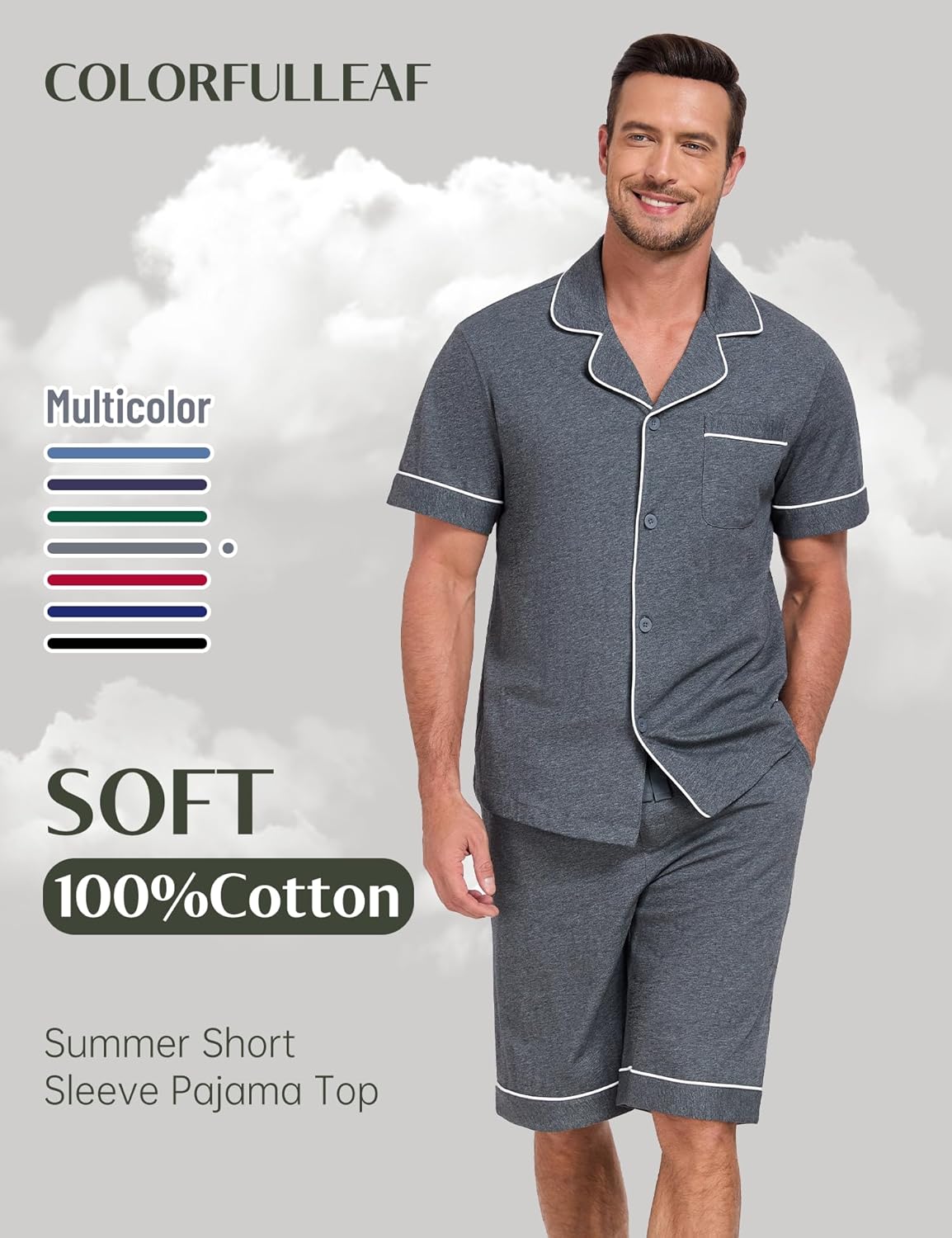 COLORFULLEAF 100% Cotton Men's Pajamas Set Short Sleeve Sleepwear for Men Soft Button Down Loungewear with Pockets - Image 3