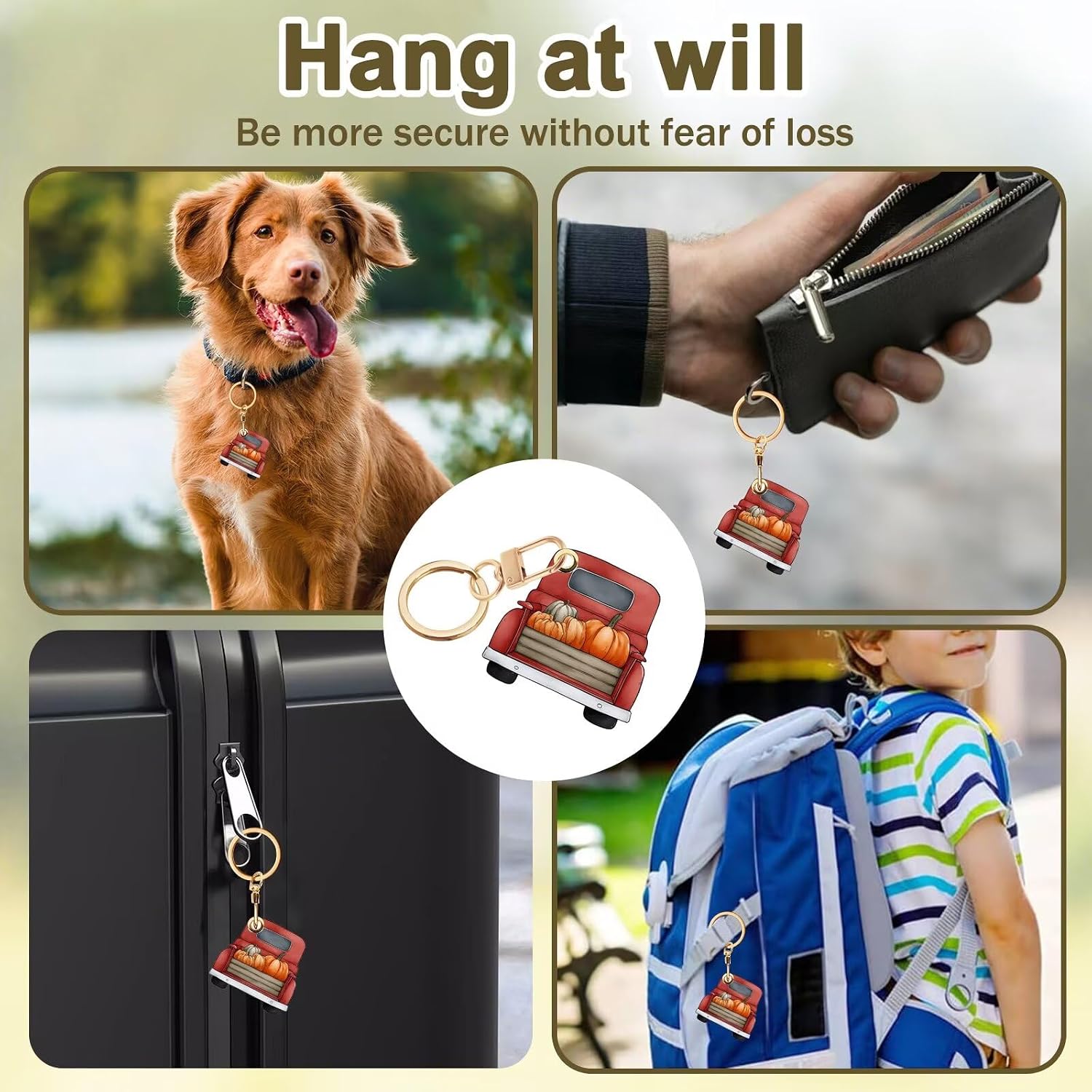 Cute Keychain, PU Leather, Gold Ring, Compatible with Trackers Access Card, Anti-Lost Design, Decorative Accessory for Bags, Backpacks (Truck Pumpkin image 5
