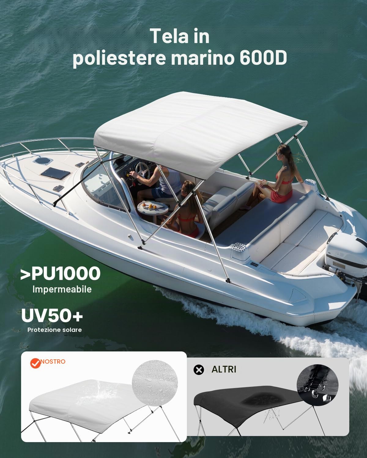 VEVOR Tendalino per Barca a 3 Archi, Parasole in Poliestere 600D con Telaio in Lega di Alluminio, Tettoia Parasole Impermeabile con Borsa Portaoggetti, Larghezza 155 a 168 cm Grigio Chiaro