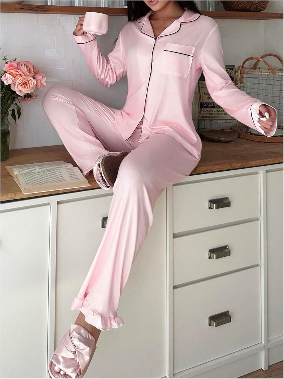 Verdusa Women's 2 Piece Satin Pajama Set Button Up Collared Shirts with Ruffle Pants Comfy Sets - Image 4