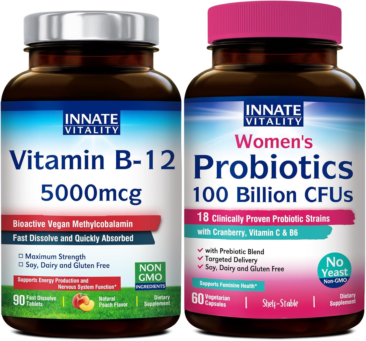 Innate Vitality Bundle: Probiotics (100 Billion CFUs, 18 Strains) with Cranberry & Vitamin B12 5000mcg Sublingual Tablets - Digestive, Vaginal Health, Energy Production & Nervous System Support