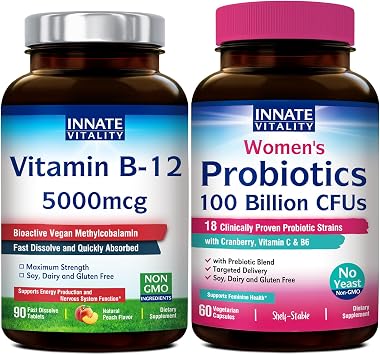 Innate Vitality Bundle Probiotics 100 Billion CFUs, 18 Strains with Cranberry & Vitamin B12 5000mcg Sublingual Tablets - Digestive, Vaginal Health, Energy Production & Nervous System Support