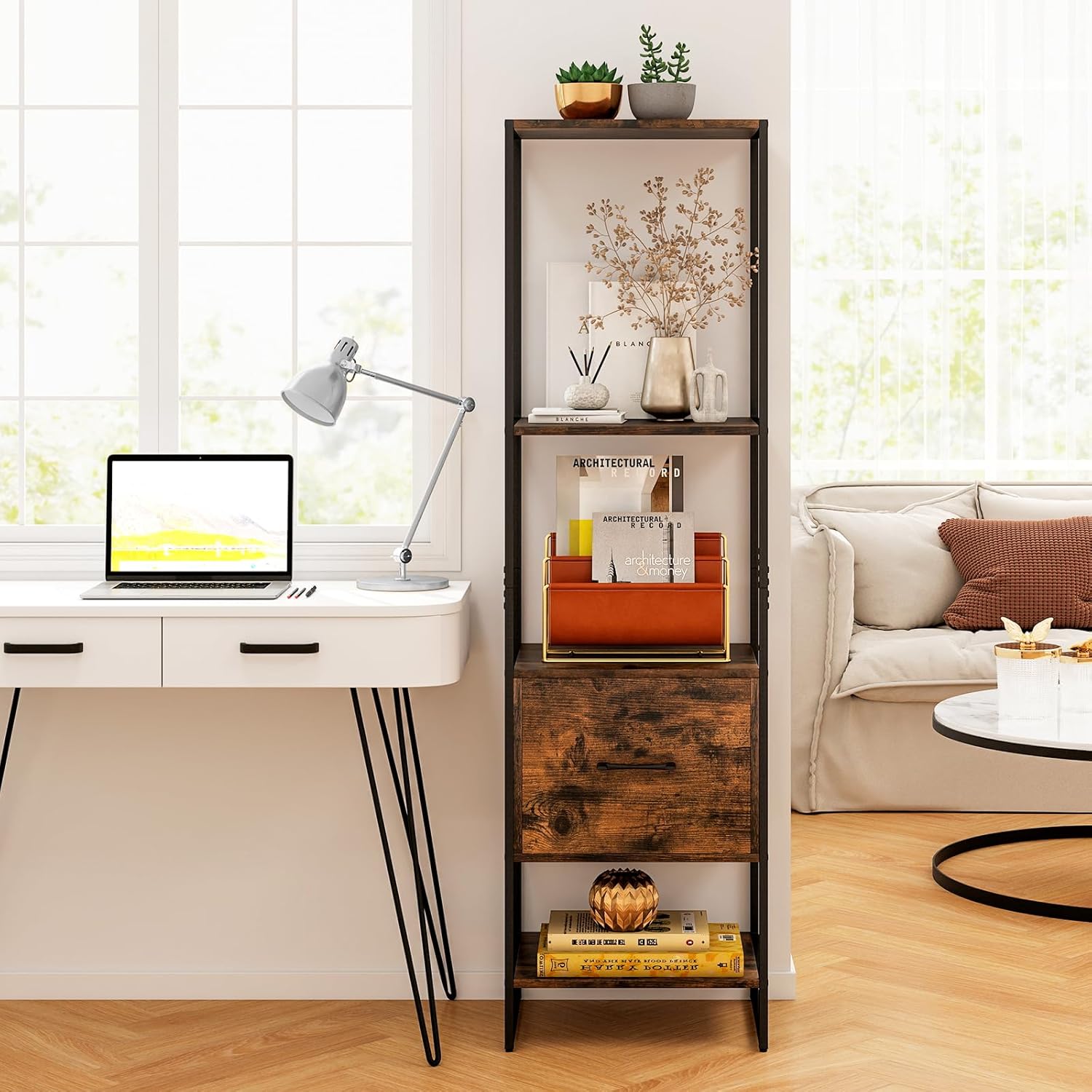 Tangkula 4-Tier Bookshelf with Drawer, 62.5” Tall Narrow Bookcase with Metal Frame & Anti-tip Kits, 4 Open Shelves & Pull-Out Drawer, Modern Slim Display Storage Rack for Living Room Study (1, Brown)