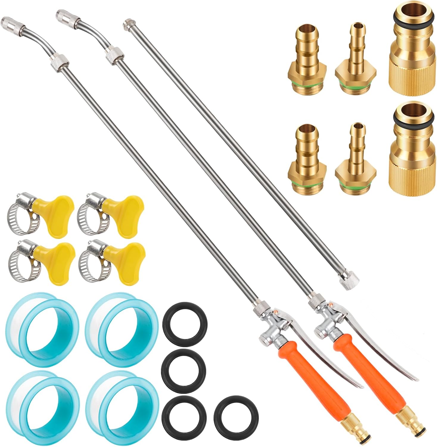 2 Piece Sprayer Wand, Suitable for 1/2 Hose Quick Connector, 1/4" & 3/8" Brass Barb Sprayer Wand Replacement Built-in Shut Valve Stainless Steel Spray Wand, W/ 4 Hose Clamps & 4 Rolls Raw Tape