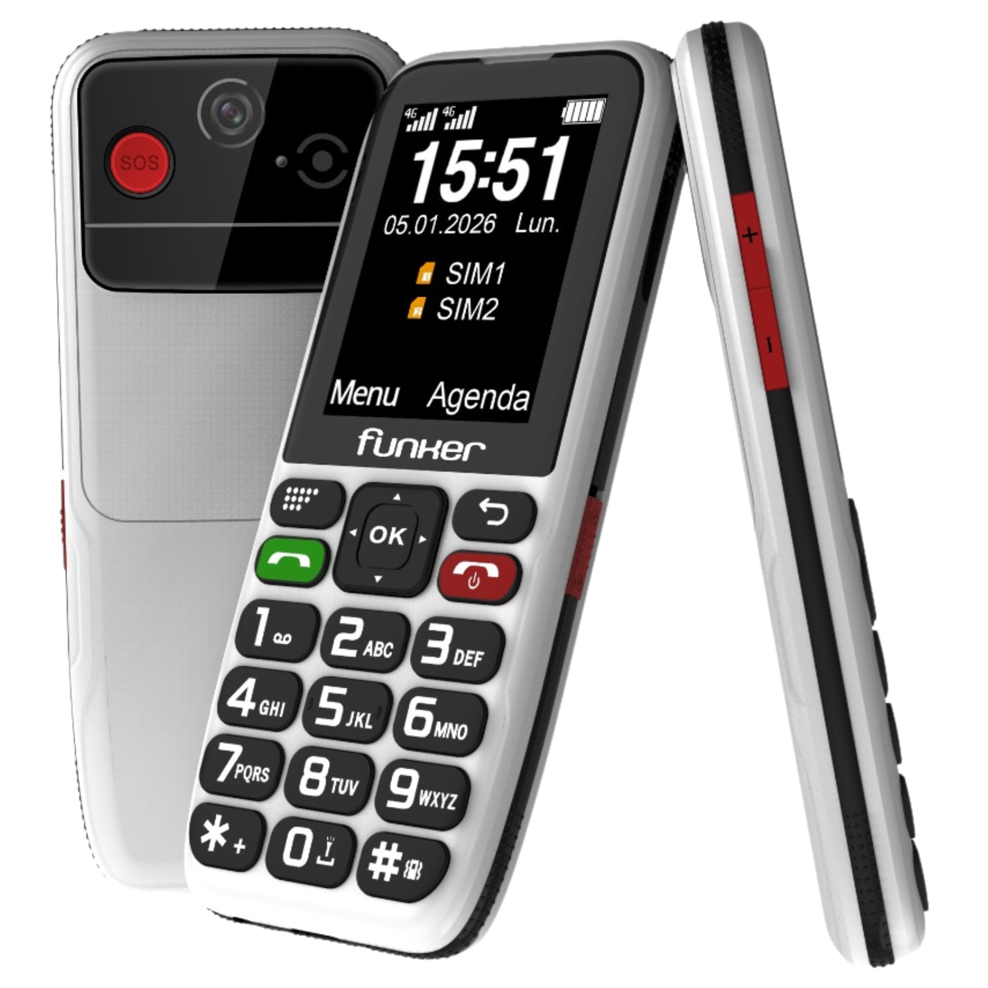 Funker C180 Telefon komórkowy 4G dla seniorów i domu, duże klawisze, ekran 2,4 cala, stacja ładująca, bateria 1800 mAh, łatwe klawisze, wysoki dźwięk głosu HD, biały