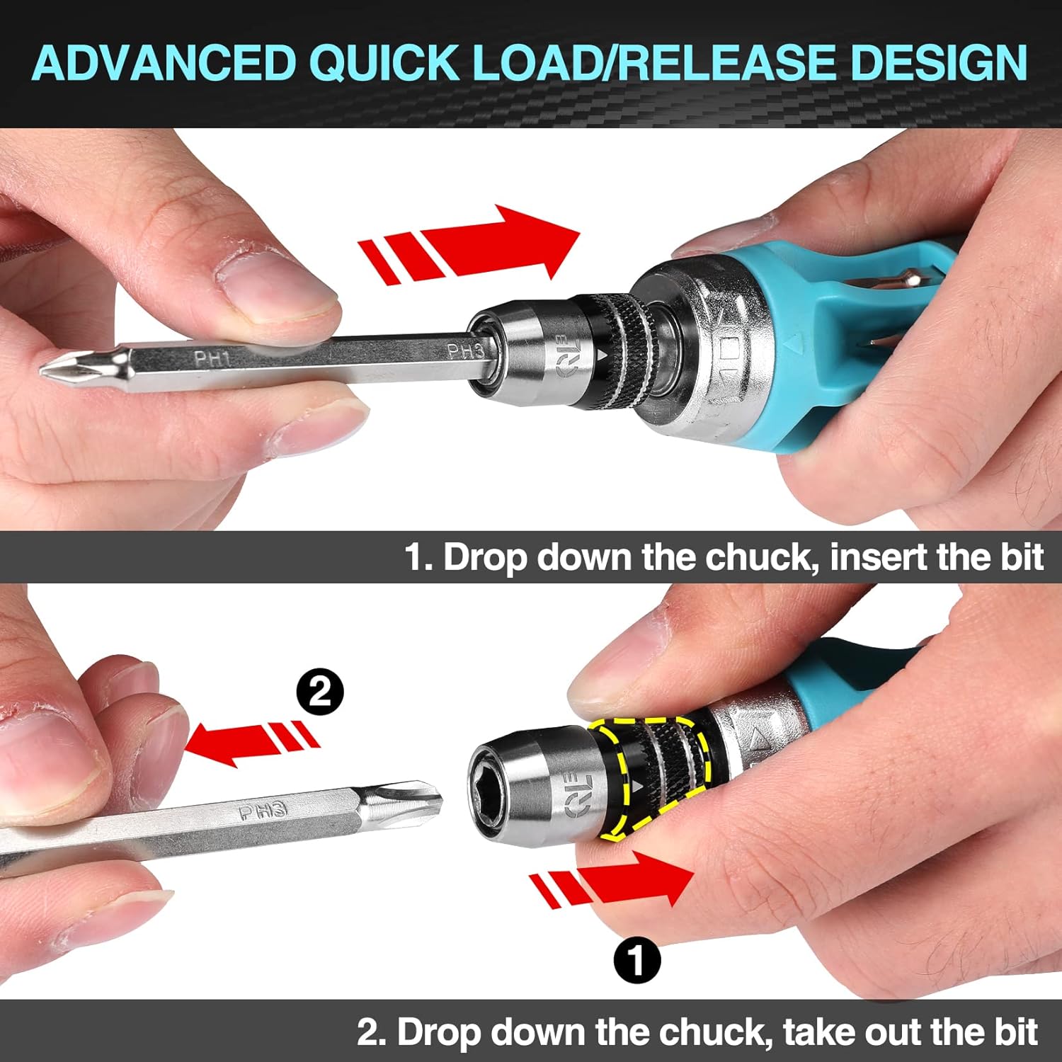 DURATECH Ratcheting Screwdriver, 12-in-1 Multi-bit Screw Drivers, Innovated Bits Quick-Load Mechanism, with Phillips, Slotted, Torx, Square Bits Stored in Handle - - 