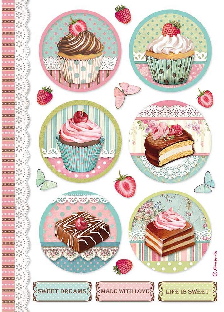 STAMPERIA INTL Stamperia-Rice Paper, Round Mini Cakes, Sweety, A4