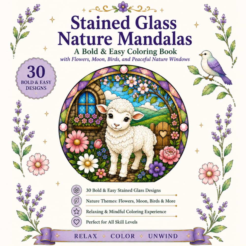Stained Glass Nature Mandalas: A Bold & Easy Coloring Book with Flowers, Moon, Birds, and Peaceful Nature Windows