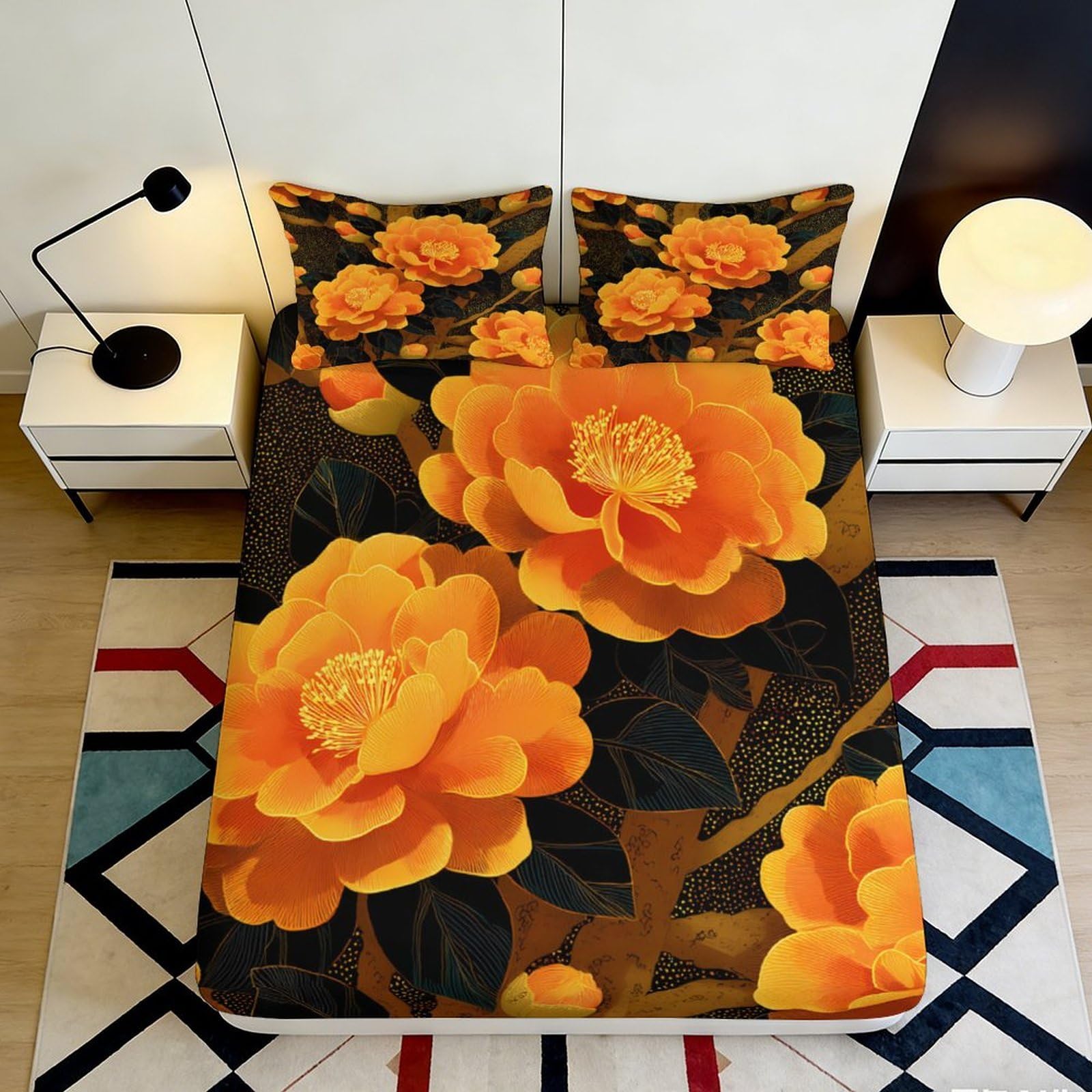 Jwndfkpvxzgl Style-5 3D Printed Orange Floral Fitted Sheet Microfiber Soft Breathable Yellow Peony Bed Cover For Bedroom Guest Room Decor 90X200x25cm