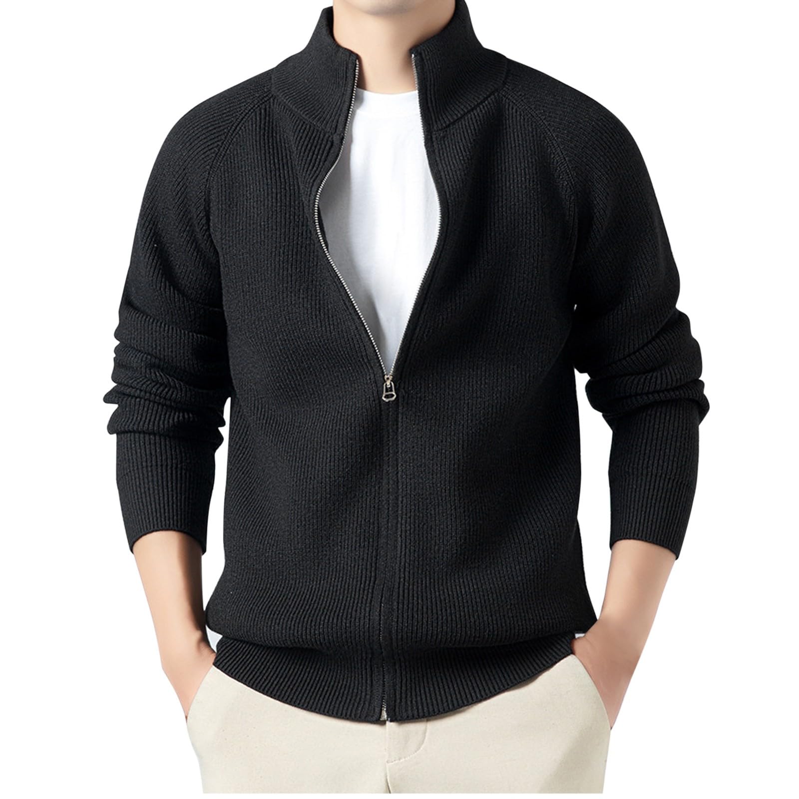 Jersey para hombre con cremallera completa, cuello alto, abrigo térmico de fácil cuidado, súper suave y cómodo, abrigos de manga larga, puños elásticos, plegable, ropa de punto de punto, ocio, golf