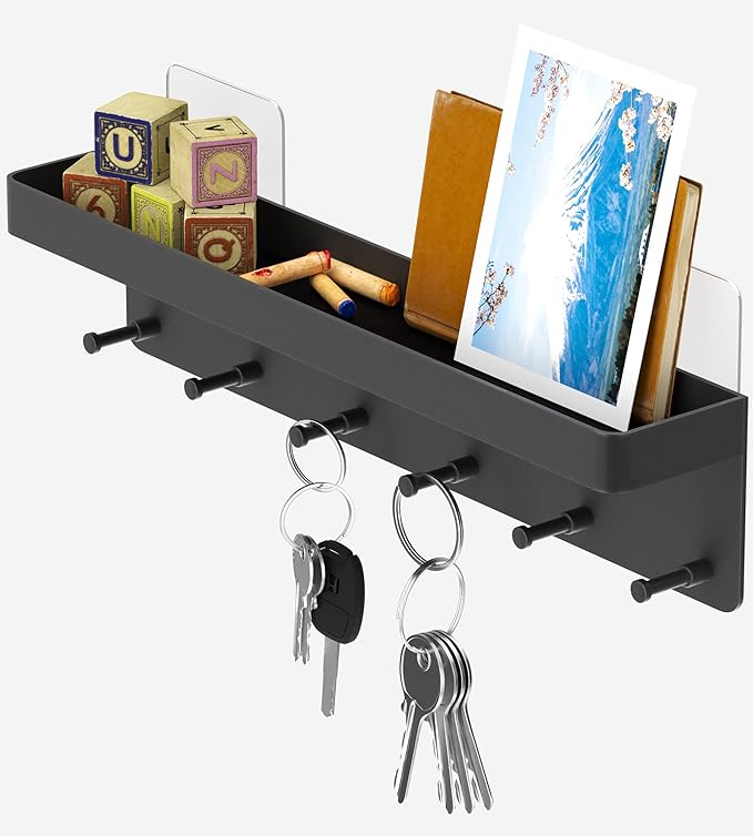 6 Hooks Adhesive Key Hooks Wall Mount Mail and Key Holder for Wall
