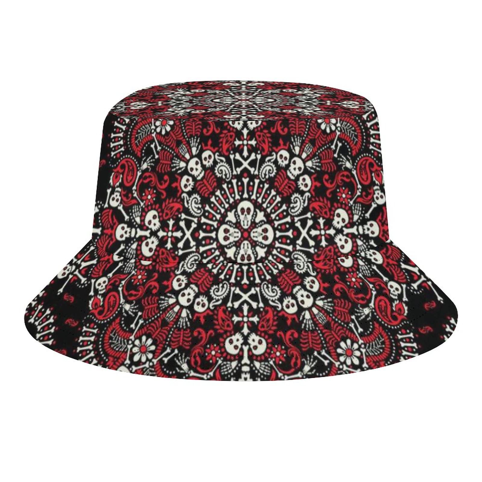 通用 Unisex Bucket Hat Paisley Skulls and Bones Summer Beach Travel Print Sun Hat Reversible Fisherman Cap for Men Women