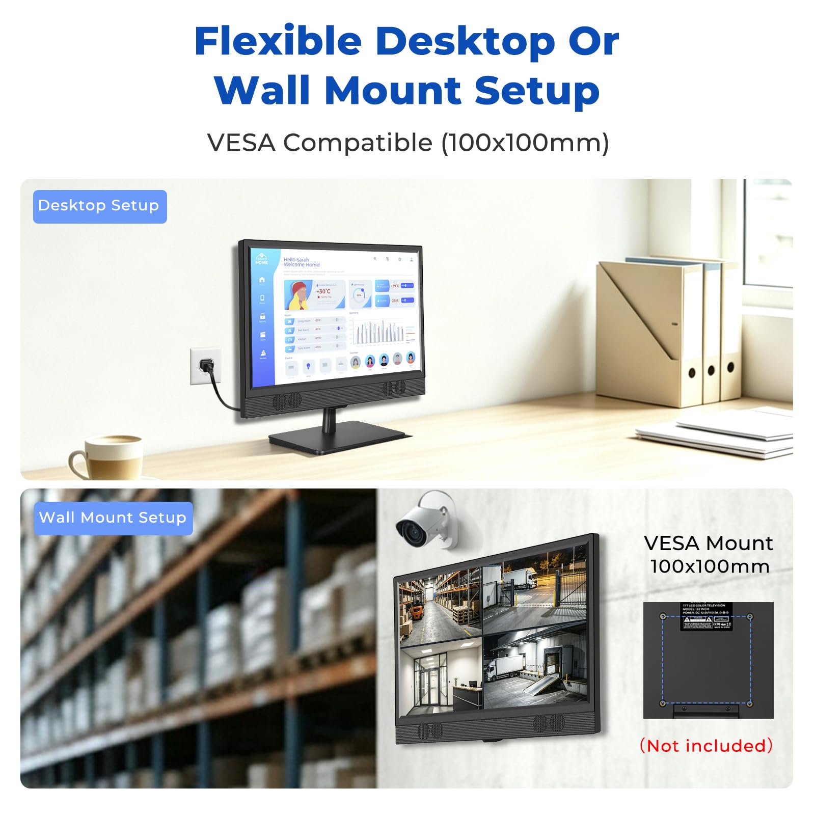 othoig Monitor per telecamera di sicurezza da 22 pollici, 1080p Full HD IPS CCTV, display di sorveglianza con ingressi HDMI, VGA, BNC, RCA, altoparlanti integrati e telecomando, monitor compatibile