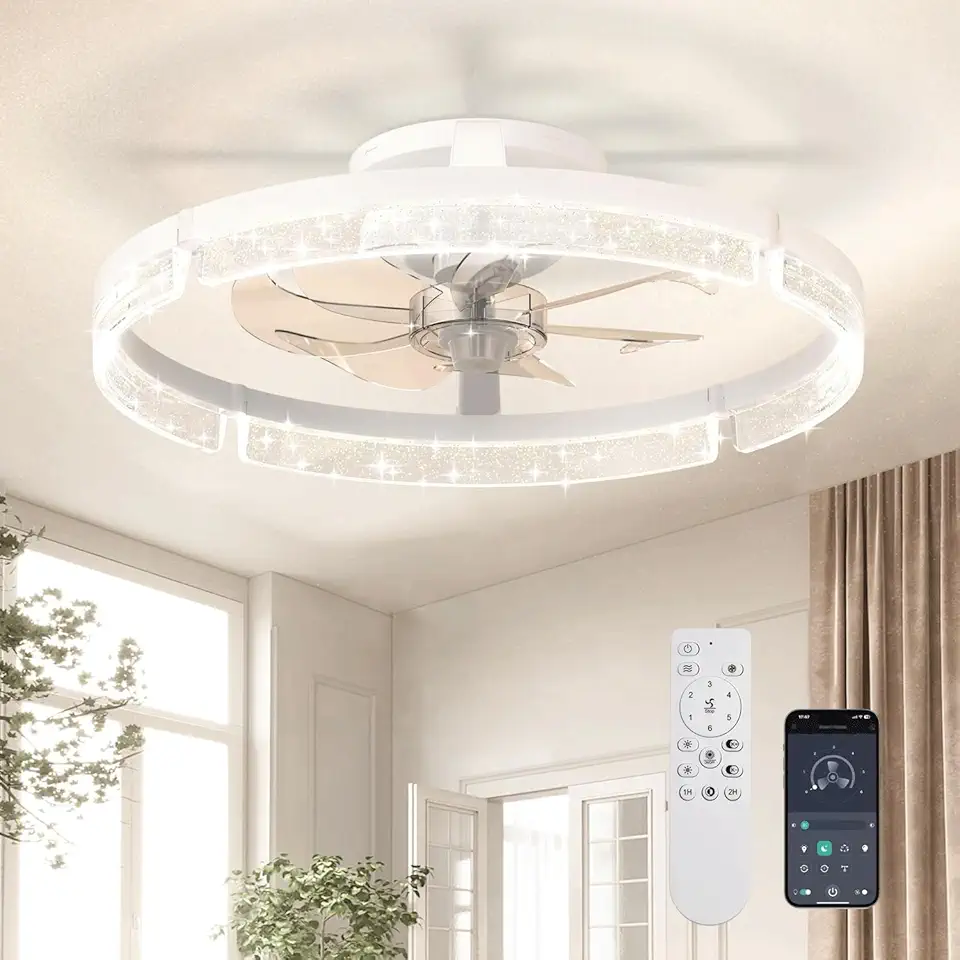 Hivento Ventilador de Teto, Controle por APP & Remoto, 6 Níveis de Velocidade, Luz LED Dimerizável (3000K–6500K), Motor DC Reversível e Silencioso, Compatível com 110V/220V