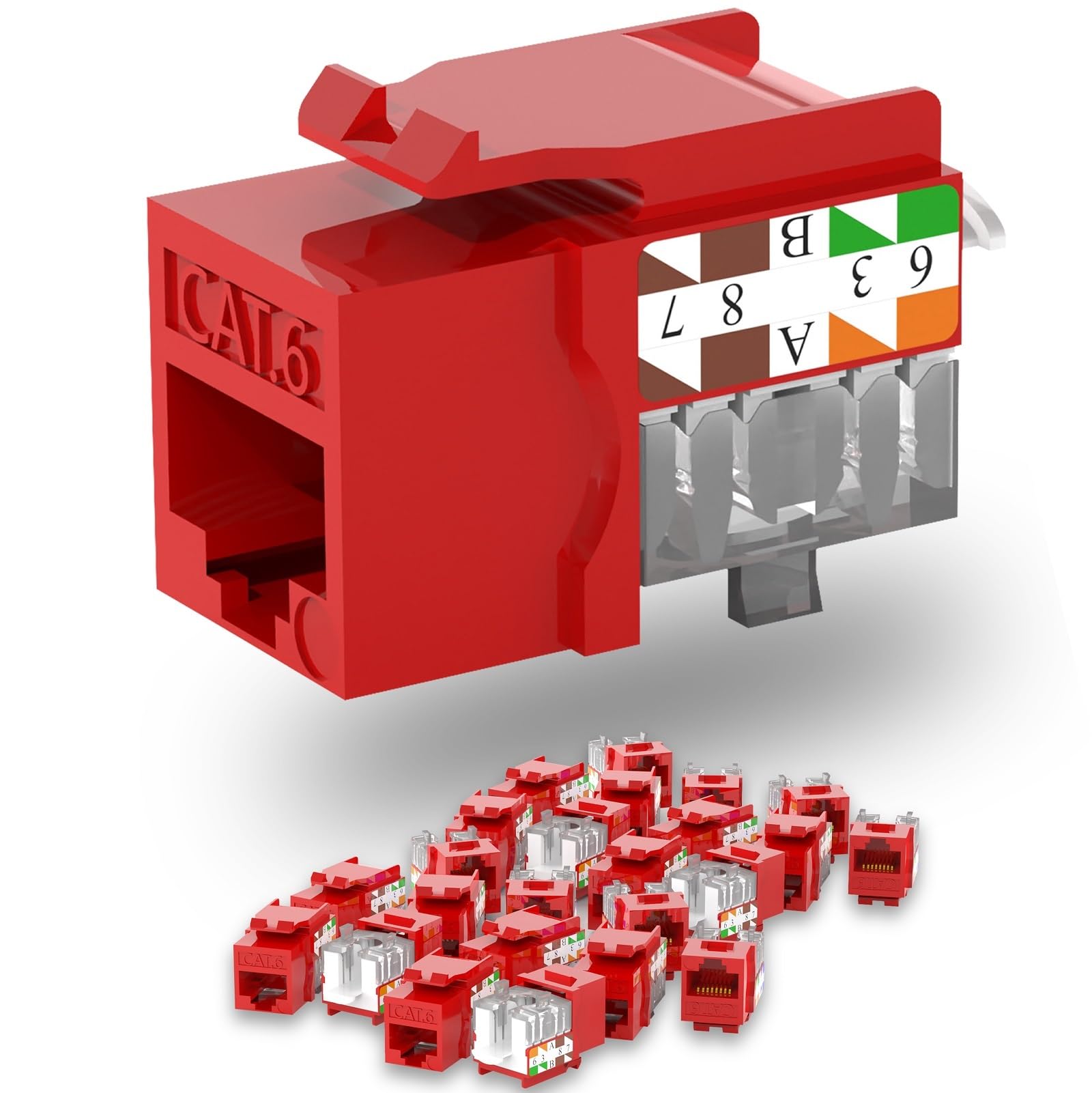 Keystone Jack Cat6 Slim (lot de 25), prises Keystone Cat6 à 90 degrés, prise RJ45 Keystone rouge, compatible avec plaque murale réseau ou panneaux de brassage