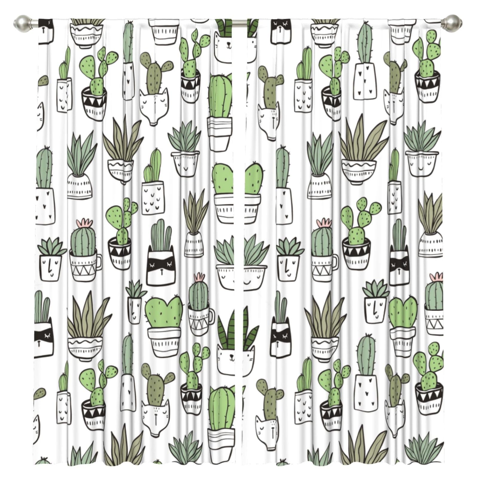 InOmak Hand Drawn Cactus Print, 2 Panels Window Curtains 52 x 84 Inch Blackout Curtains for Living Room Bedroom