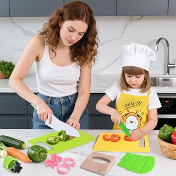 26Pieces Kids Kitchen Knife Set, Toddler Safe Knife Set for Real Cooking, Montessori Kitchen Tools with Kids Cutting Board Crinkle Cutter Peeler, Mini Chef for 3-10 Year Old Toddler Birthday Gift