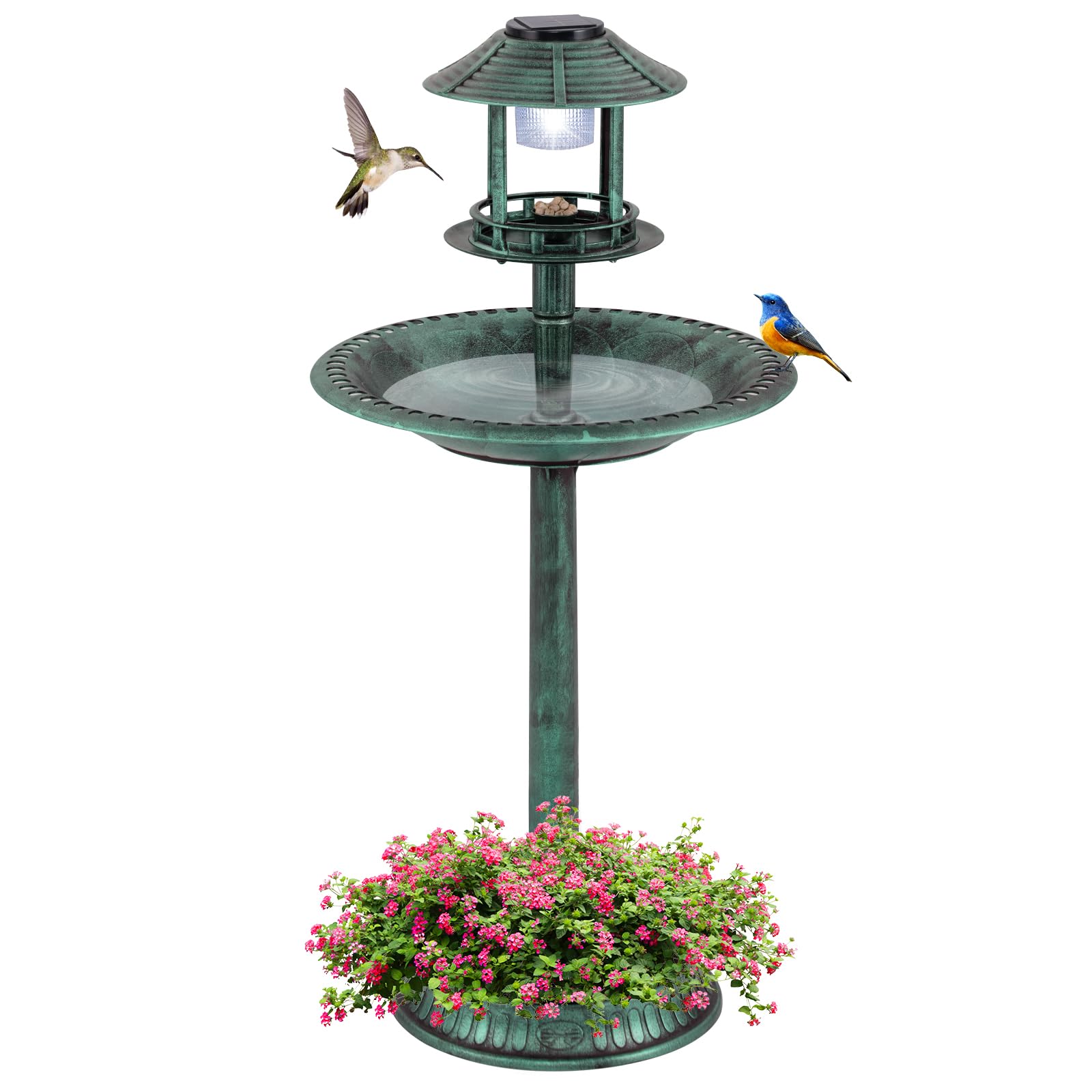 (SIMILAR)Giantex 42 inch Bird Bath Solar Lighted, Pedestal Bird Bath with Bird Feeder, Flower Planter Base, Solar Powered Lamp, 3 Ground Stakes, Standing Birdbath for Outside Garden Yard Outdoor (Green)