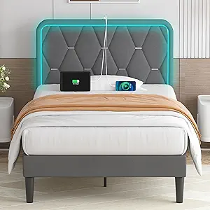 VECELO Upholstered Twin Bed Frame with Headboard Adjustable, Velvet Platform Bed with LED Lights, Charging Station, Mattress Foundation with Wooden Slats, Noise Free, No Box Spring Needed, Grey