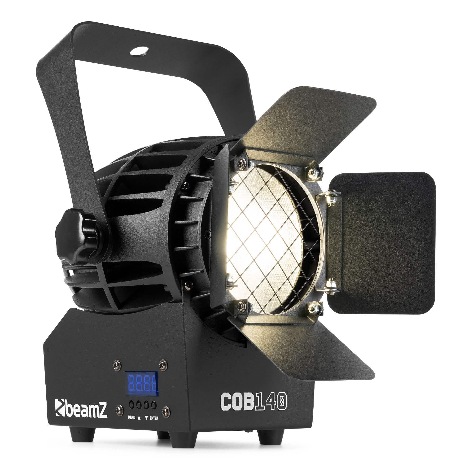 BeamZ COB140 COB LED Spot Light with Barndoor and DMX, 150W Warm White & Cool White Stage Spotlight for Theatre Lighting, Exhibitions, Displays and Studio Lights.