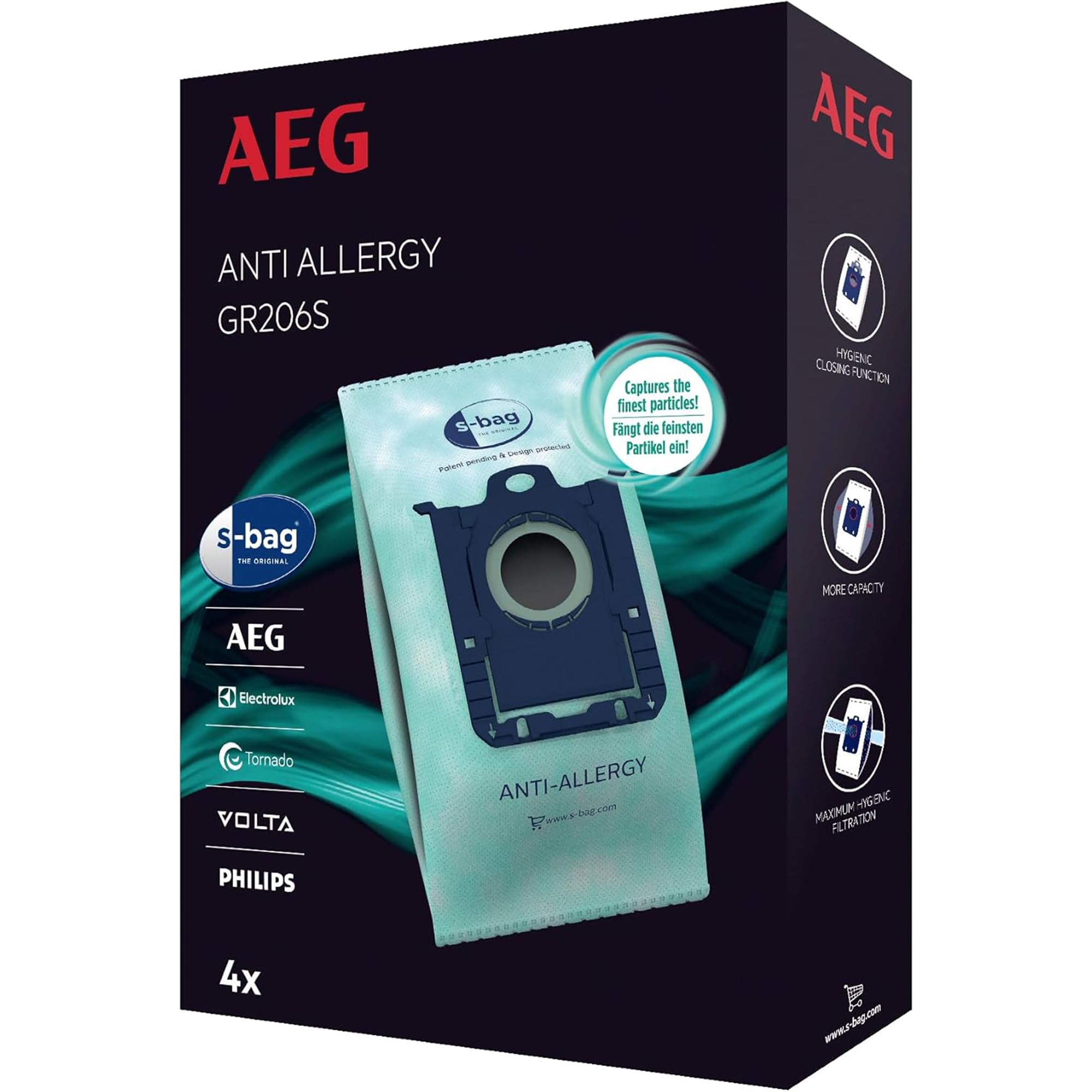 GR206S - S-Bag Anti-Allergy Vacuum Cleaner Bags, Pack of 4, High Filtration Synthetic Dust Bags, Captures Pollen, Dust Mites & Allergens, For Allergy Sufferers, Fits AEG VX4, VX6, VX7, VX8, AB61