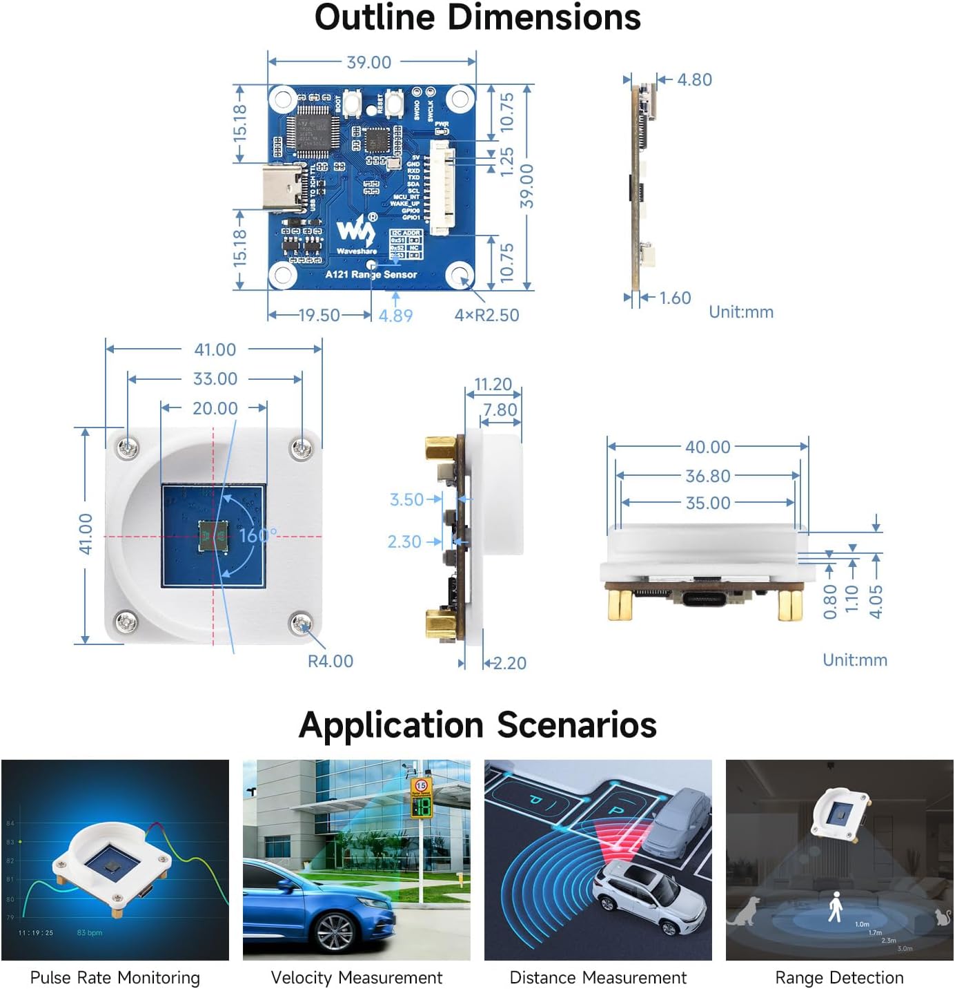 Waveshare A121 60GHz Mmwave Radar Micro-Motion Detection Module, Based On Pulsed Coherent Radar (PCR) Technology, Supports High-Precision Distance Measurements, with Holder