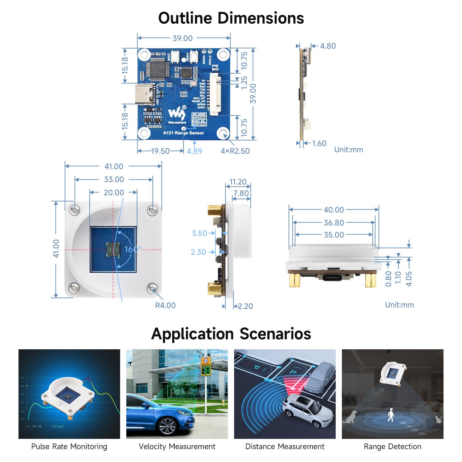 Waveshare A121 Range Sensor Box, A121 60GHz mmWave Radar Micro-Motion Detection Module, Based On Acconeer A121 Pulsed Coherent Radar (PCR) Sensor, Supports High-Precision Distance Measurements