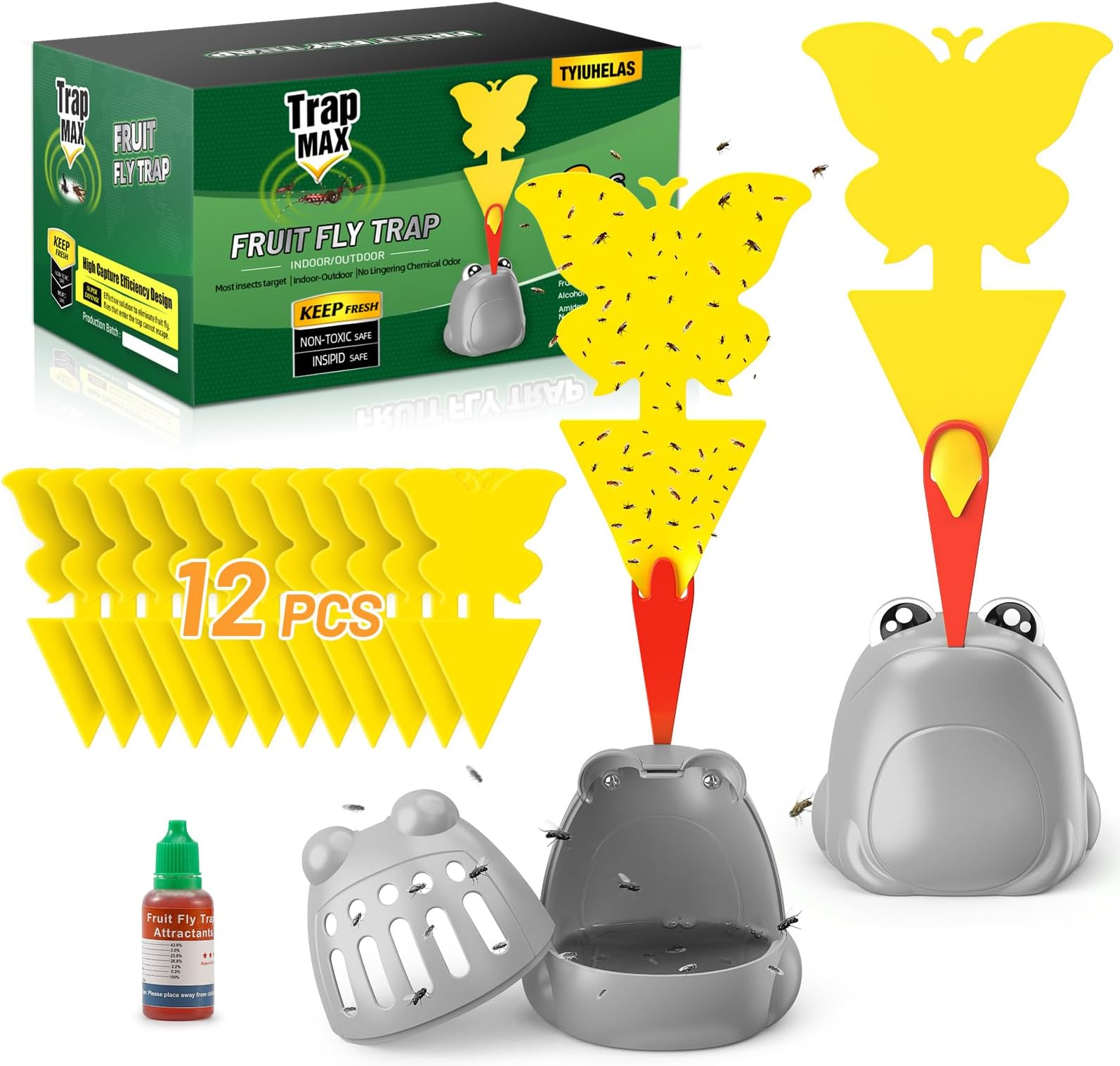 Fruit Fly Traps for Indoors & Outdoors,UWANTME Fruit Fly Killer with 12 Fruit Fly Sticky Traps, Easy to Use & Safe Food-Based Gnat Trap Reusable(3 Pack)