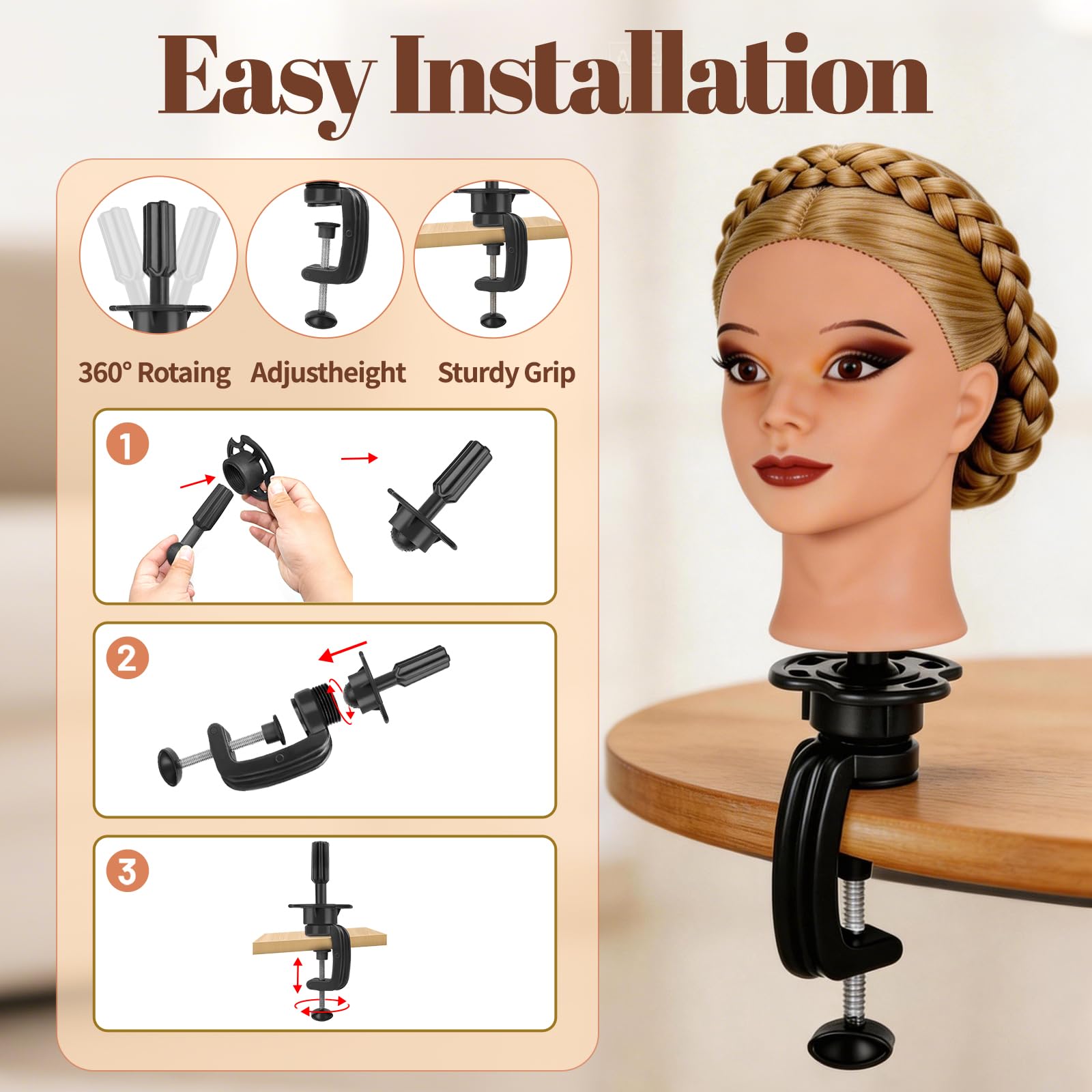 Yofuly 26Zoll/66cm Frisierkopf, 80% Echthaar Übungskopf, Make-up Frisieren Trainingsköpfe, Puppenkopf Friseur Mannequin Kopf mit Tischklemme + DIY-Zopfset (Hellbraun)