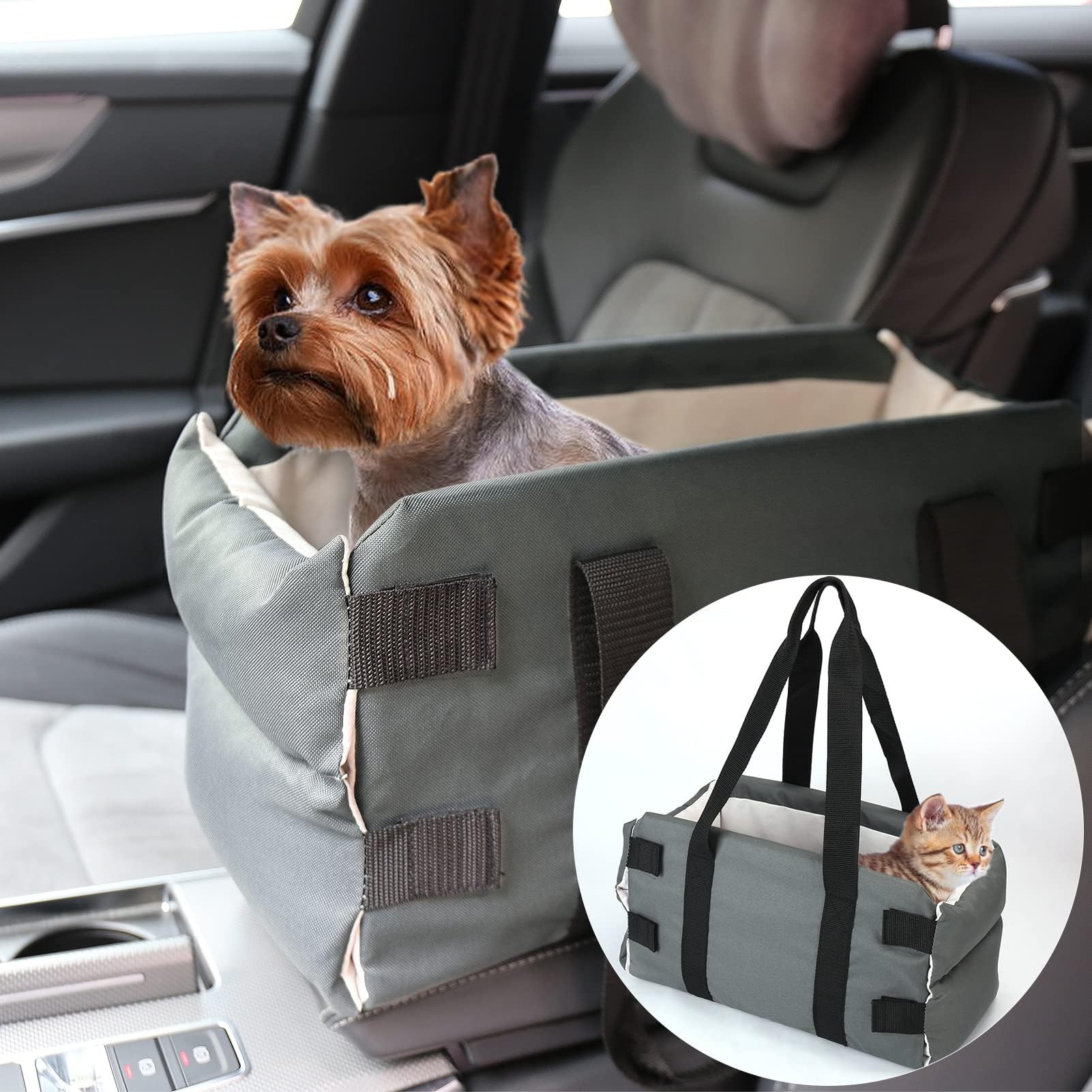 SSAWcasaCenter Console Dog Car Seat, Dog Console Car Seat for Small Dogs, Pet Car Booster Seat Puppy Car Seat Bed, Middle Console Dog Cat Carseat, Portable Pet Travel Carrier Bag with Safety Tether