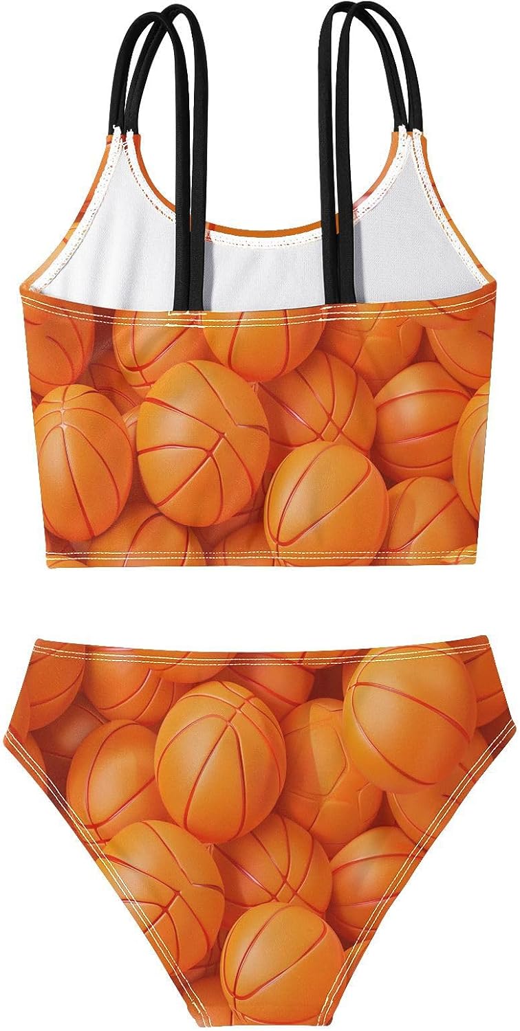 visesunny Girls Two Piece Swimsuits Orange 3D Basketball Girl's Bikini Sets Bathing Suits for Girls Size 5-12Y