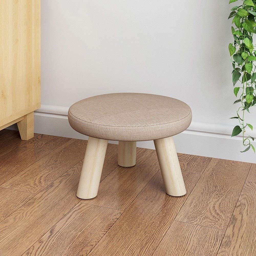 Pouf tabouret rond en lin marron foncé avec 4 pieds supports