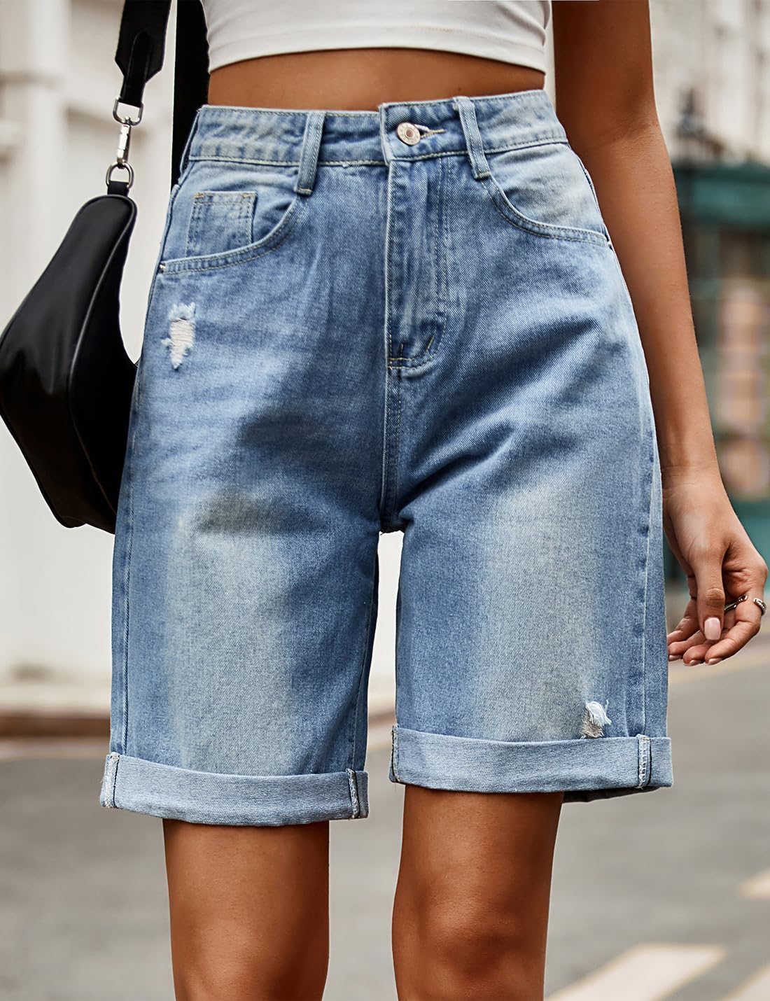 Short en jean décontracté taille haute pour femme - Style baggy déchiré - Coupe droite