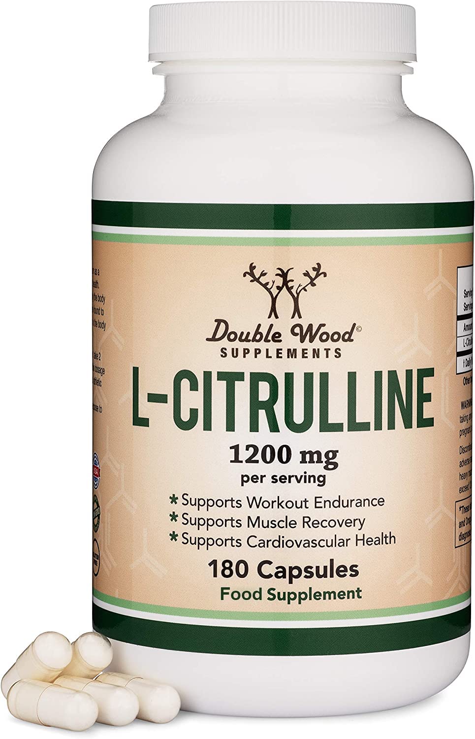 Double Wood L-Citrullin | 180 Citrullin Kapseln – 1200 mg pro Portion | Nahrungsergänzungsmittel mit Stickstoffmonoxid | Gentechnik- und glutenfrei (180 Kapseln)