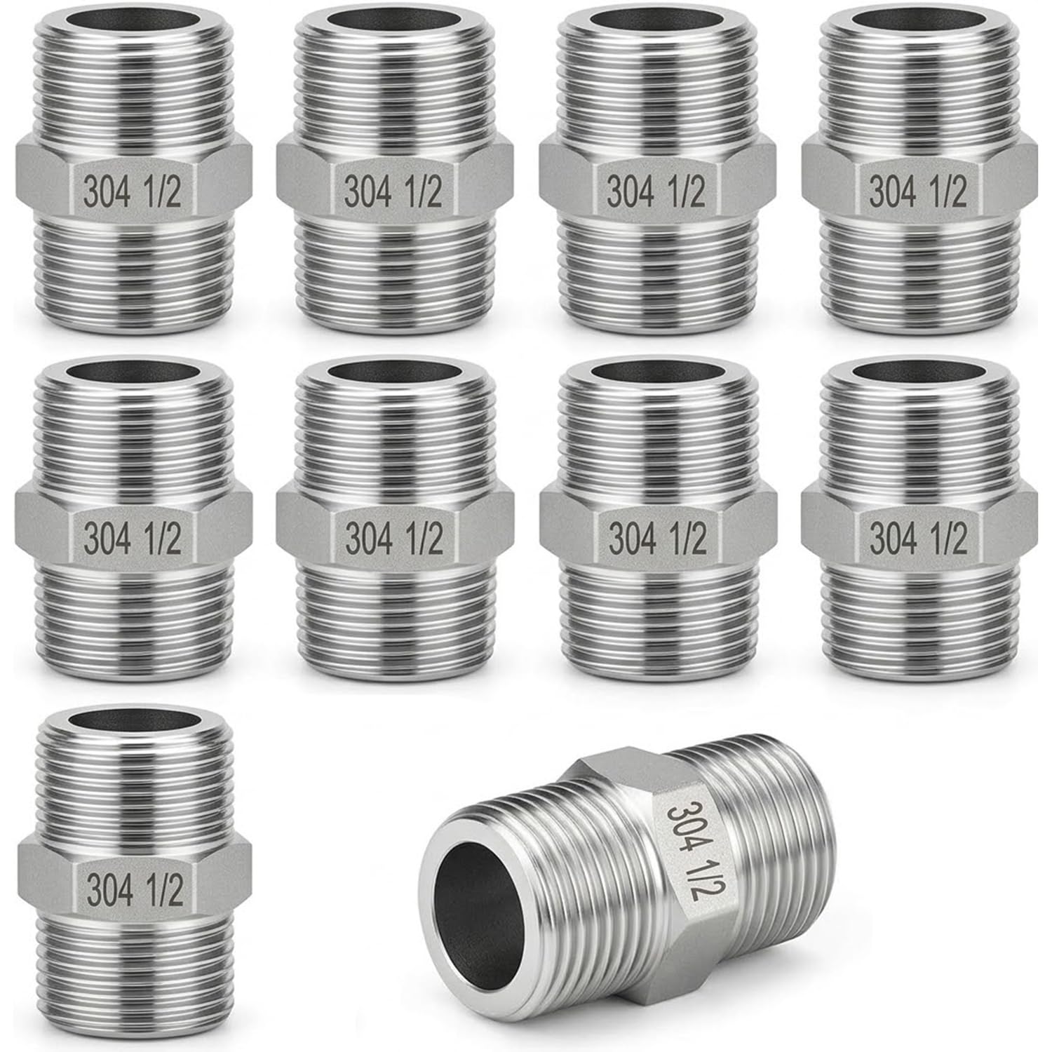10PCS 304 Stainless Steel Hex Nipple, 1/2" BSP Male x 1/2" BSP Male, Pipe Adapter Fitting for Plumbing, Irrigation & Household Use