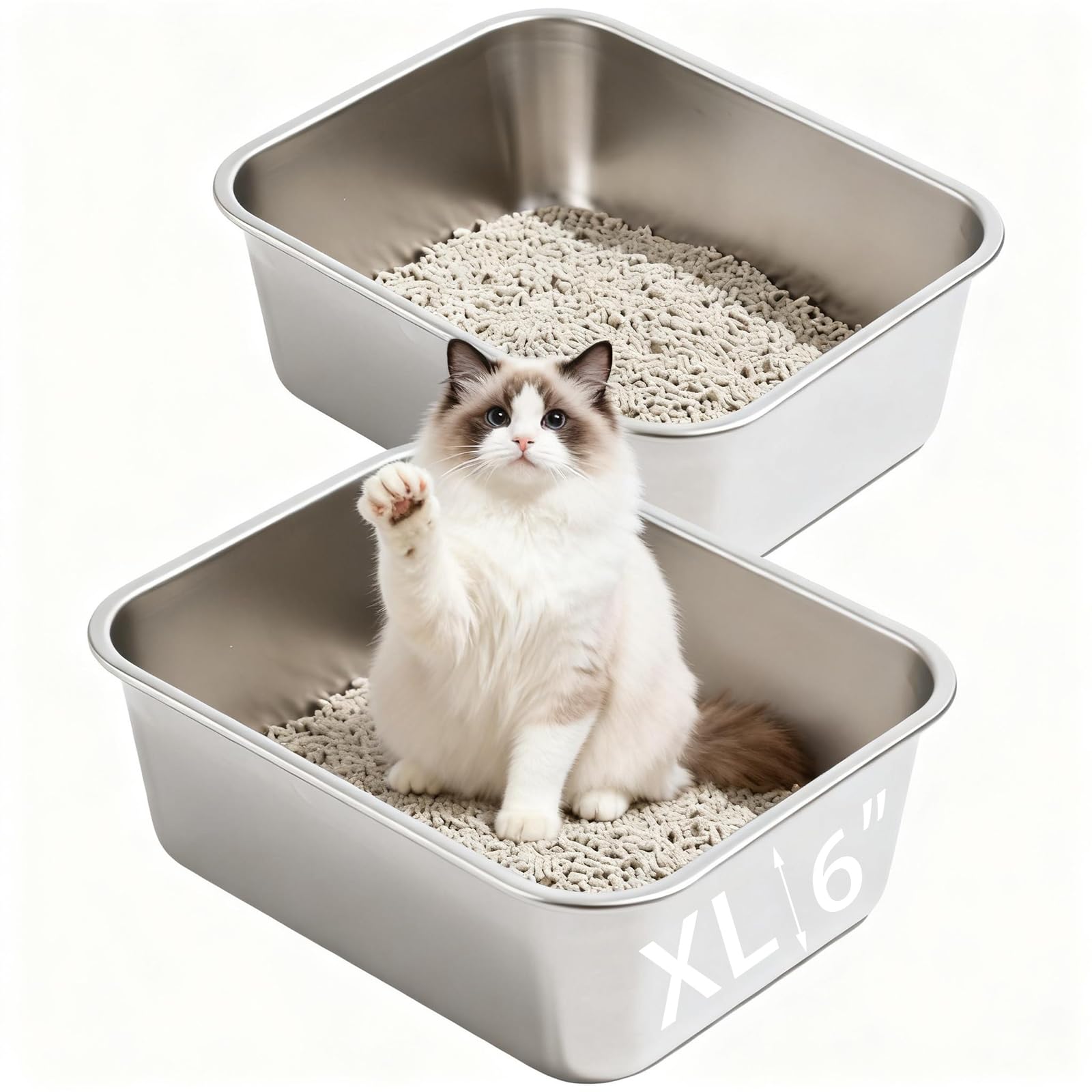 2 Pack Stainless Steel Cat Litter Box Large Metal Litter Pan Tray High Sided Cat Box, Pet Toilet Supplies for Indoor Cats Kitten Rabbit, Non Stick, No Smell, Easy to Clean - 23.62x15.75x5.91 Inch, XL