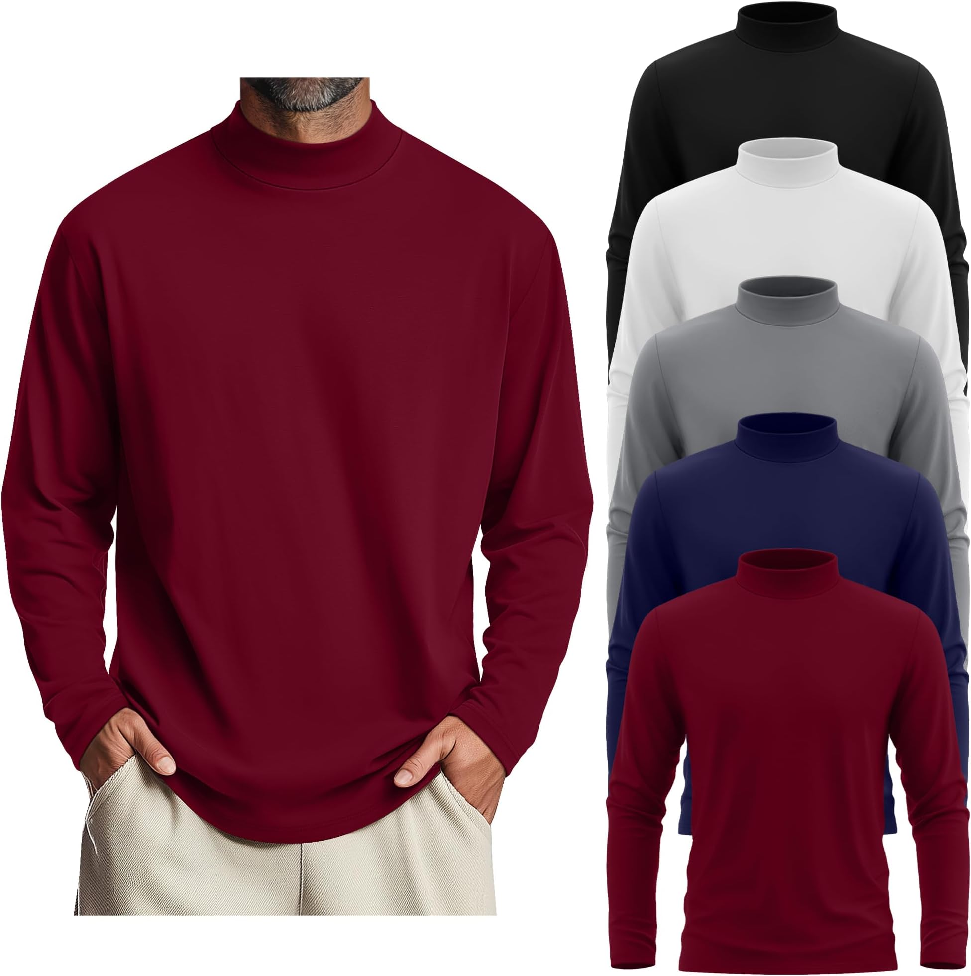 Evervibe 5 Pack Mens Big and Tall Mock Turtleneck Long Sleeve Shirts Plus Size Basic Casual Thermal Pullover Tops