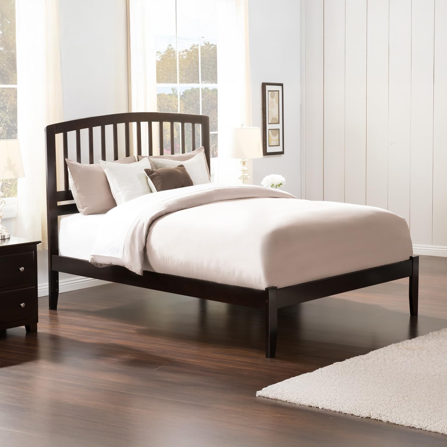 HomeStock Retro Renaissance Platform Bed with Open Footboard and Turbo Charger in Classic Finish for Bedroom Spaces, Perfect Blend of Sleek Bowed Style and Traditional Sturdy Slats Full/Espresso