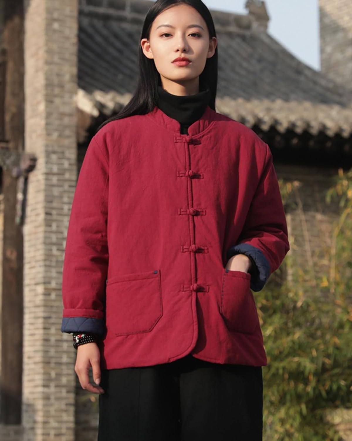 LUZU JUNU Women's Quilted Lightweight Jacket Coat Chinese Tang Suit Style Cotton Linen Short Coats with Pockets