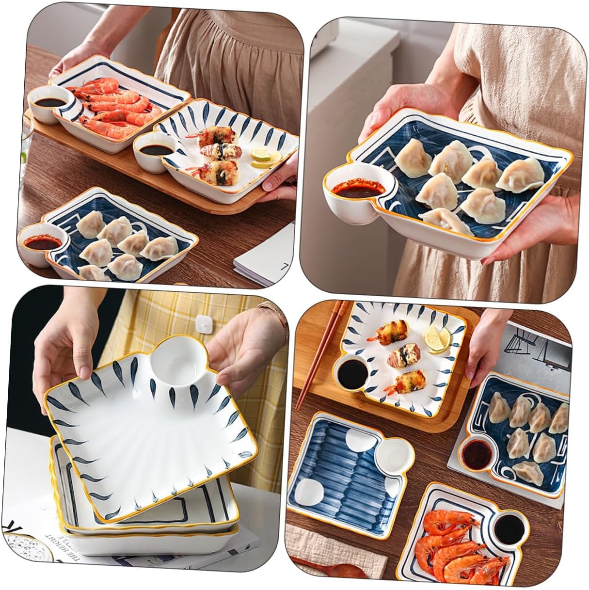 Uonlytech 4 Pcs Ceramic Sushi Plates and Dipping Trays Set, Japanese Style Square Serving Dish for Dumplings and Appetizers, Multi-compartment Food Tray for Home Dining and Random Color