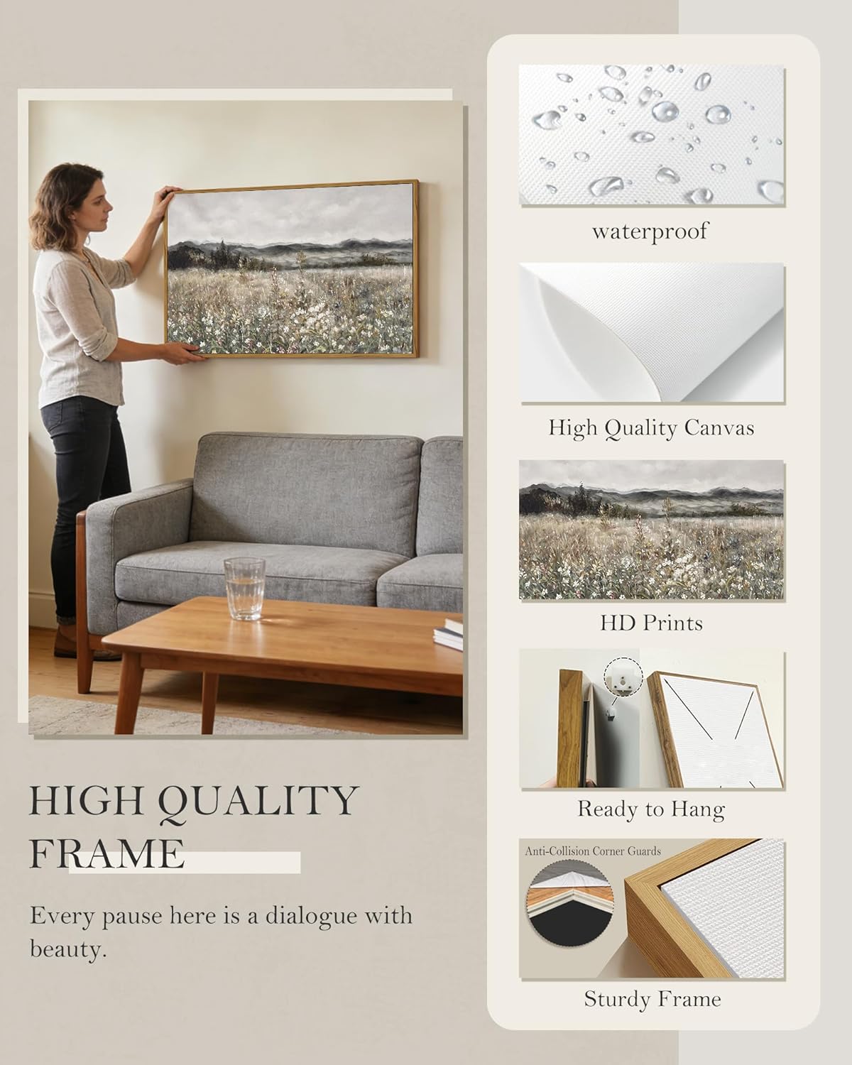 SHENIFY 24x36in Large Vintage Landscape Framed Canvas Wall Art Prairie in Full Bloom Classic Painting Modern Farmhouse Bathroom Office Decor - Natural Framed