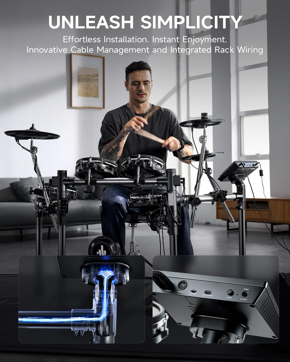 Donner Beat Elektronisches Schlagzeug-Set, elektrisches Schlagzeug mit leisen Mesh-Drum-Pads, 12-Zoll-Becken mit Choke, 100 Kits und 1100+ Sounds, Sticks, USB MIDI, Donner Play App (5 Pads, 3 Becken)