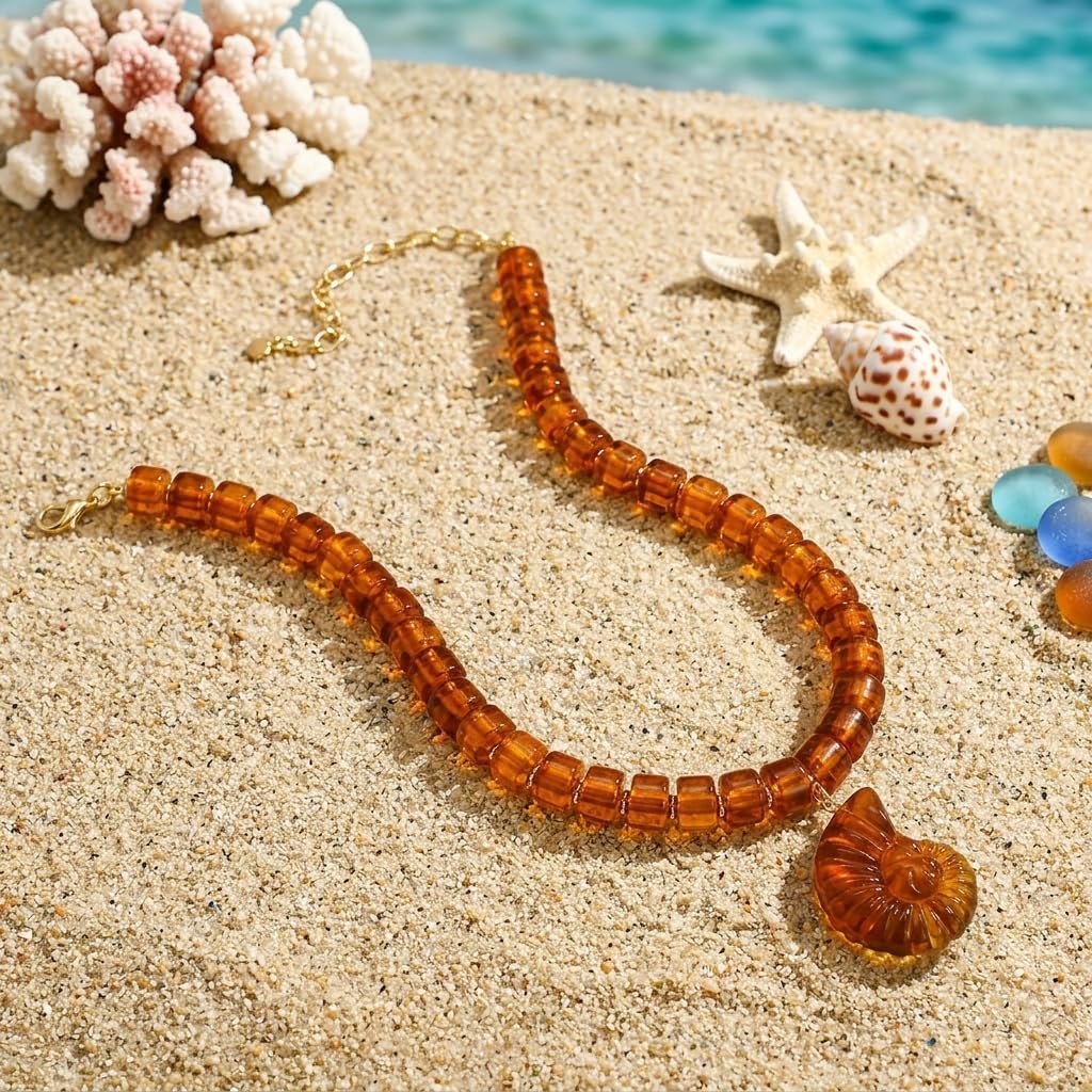 Chunky Beaded Necklace for Women with Conch Shell Pendant, Boho Bead Statement Necklace with Adjustable Gold Chain, Beach Jewelry for Summer＆Vacation Gifts