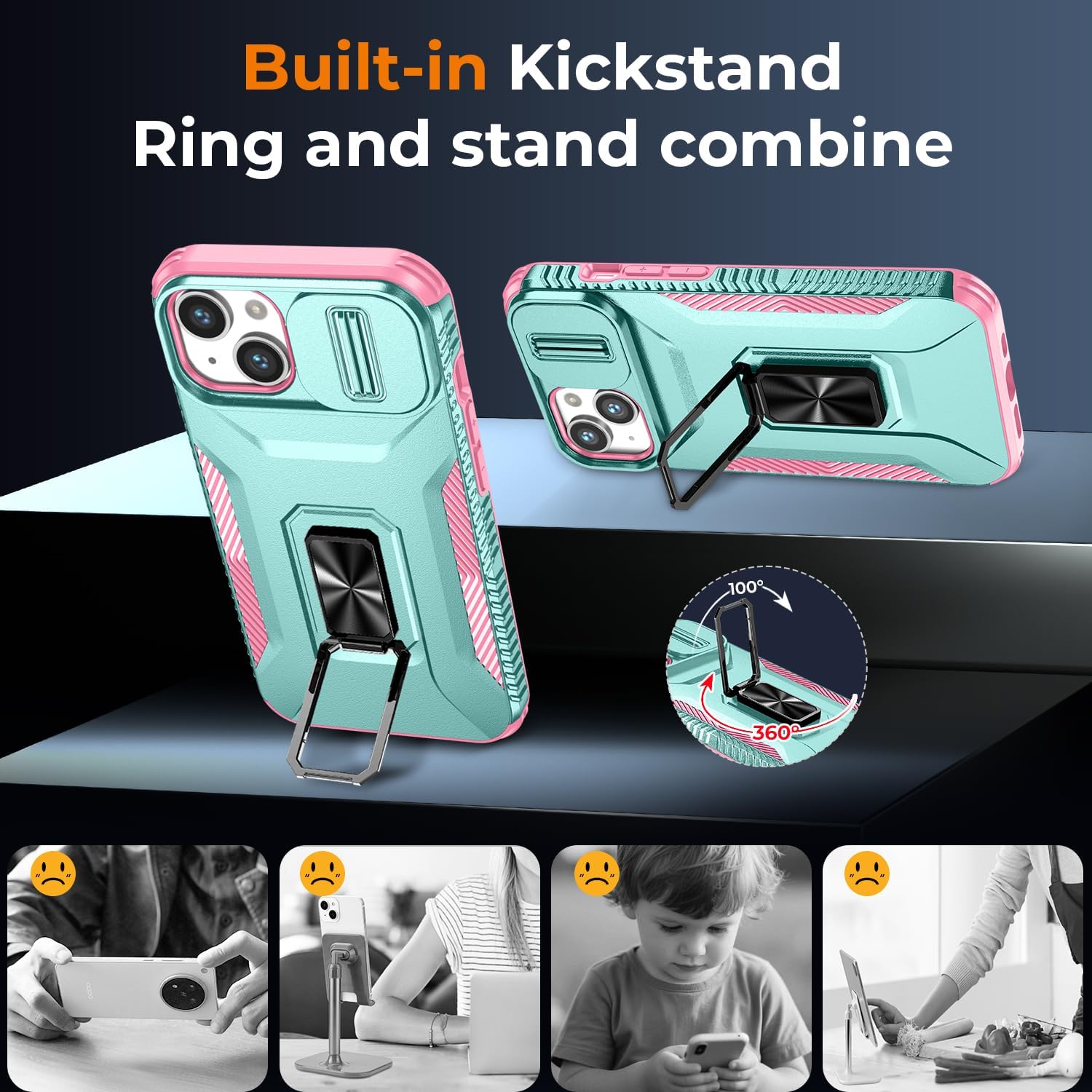 Case for iPhone 13/iPhone 14 6.1-Inch Slide Camera Cover+Screen Protector(2 Packs), Military Grade Shockproof Protective Cover, Rotated Ring Kickstand with Camera Protection (Celadon+Pink) - Image 5