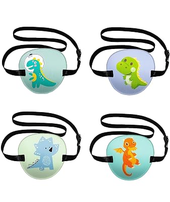 4 PCS Eye Patch for Kids, Dinosaur Pattern Eye Patches for Lazy Eye, Pirate Theme Party Eyes Patch, Halloween Costume(mu