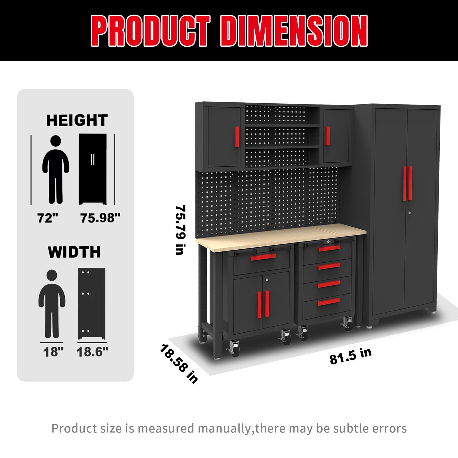 6 Piece Garage Cabinets Storage System: Includes Steel Cabinets, Drawers, Rolling Chest and Pegboard, Garage Workbench with Storage - Perfect for Organizing Garage and Tools, Black