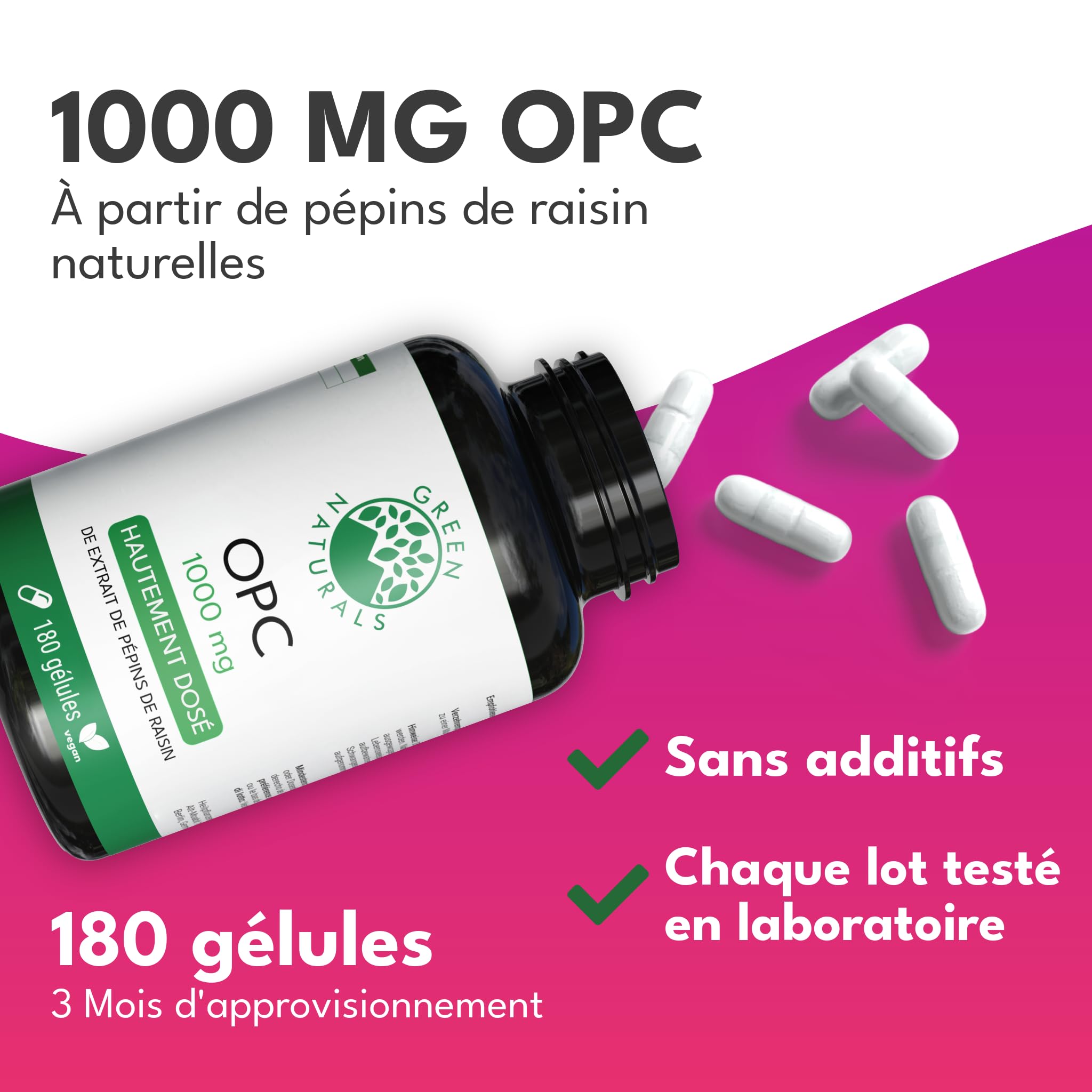 Green Naturals® OPC extrait de pépins de raisin - Hautement dosé : 1250 mg dont 1000 mg OPC – Extrait standardisé – 100% végétal – Sans additifs – Fabriqué en Autriche