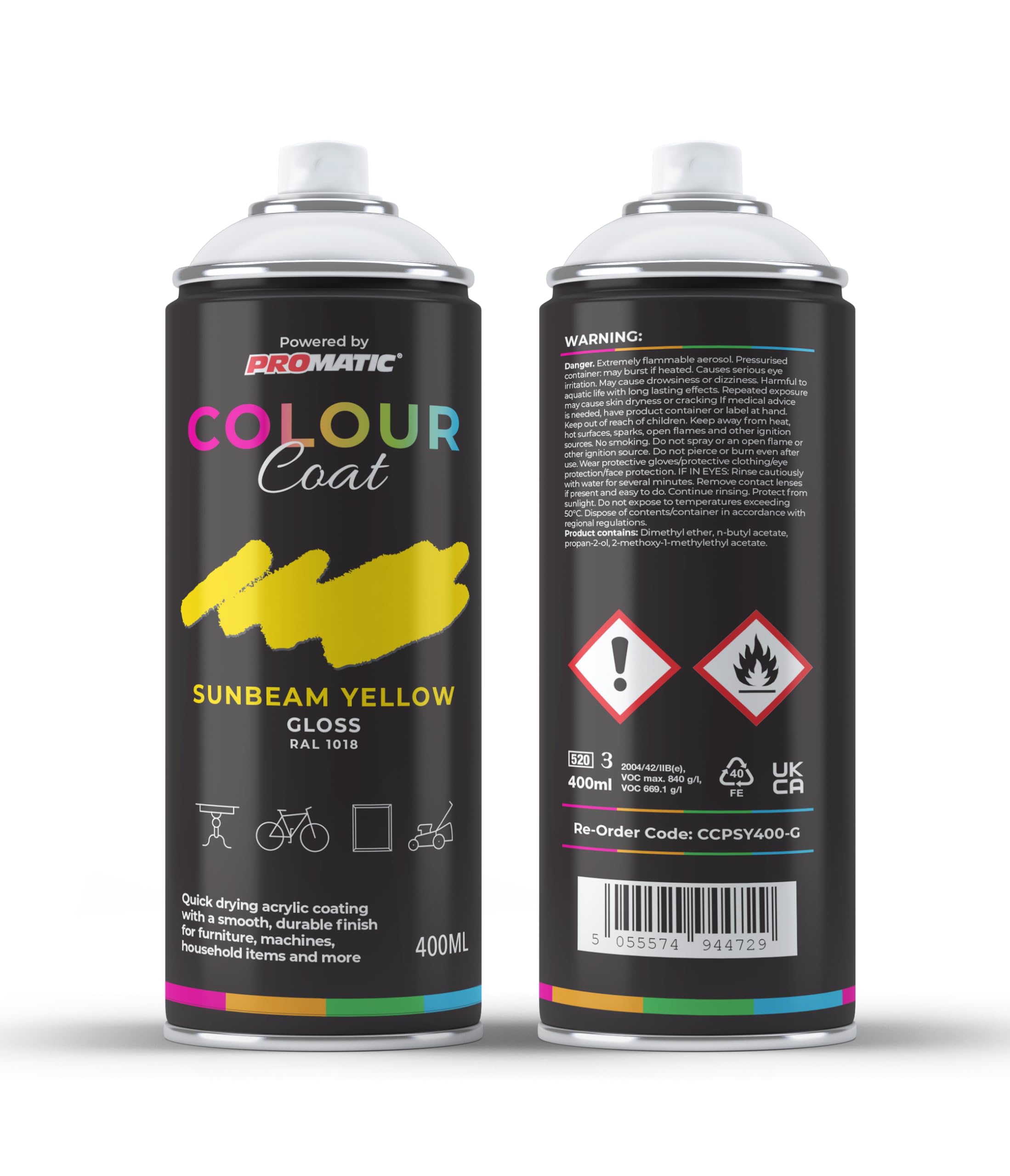Promatic Colour Coat Sunbeam Yellow Ral 1018 Gloss 1K Acrylic Paint 400Ml from B&Q